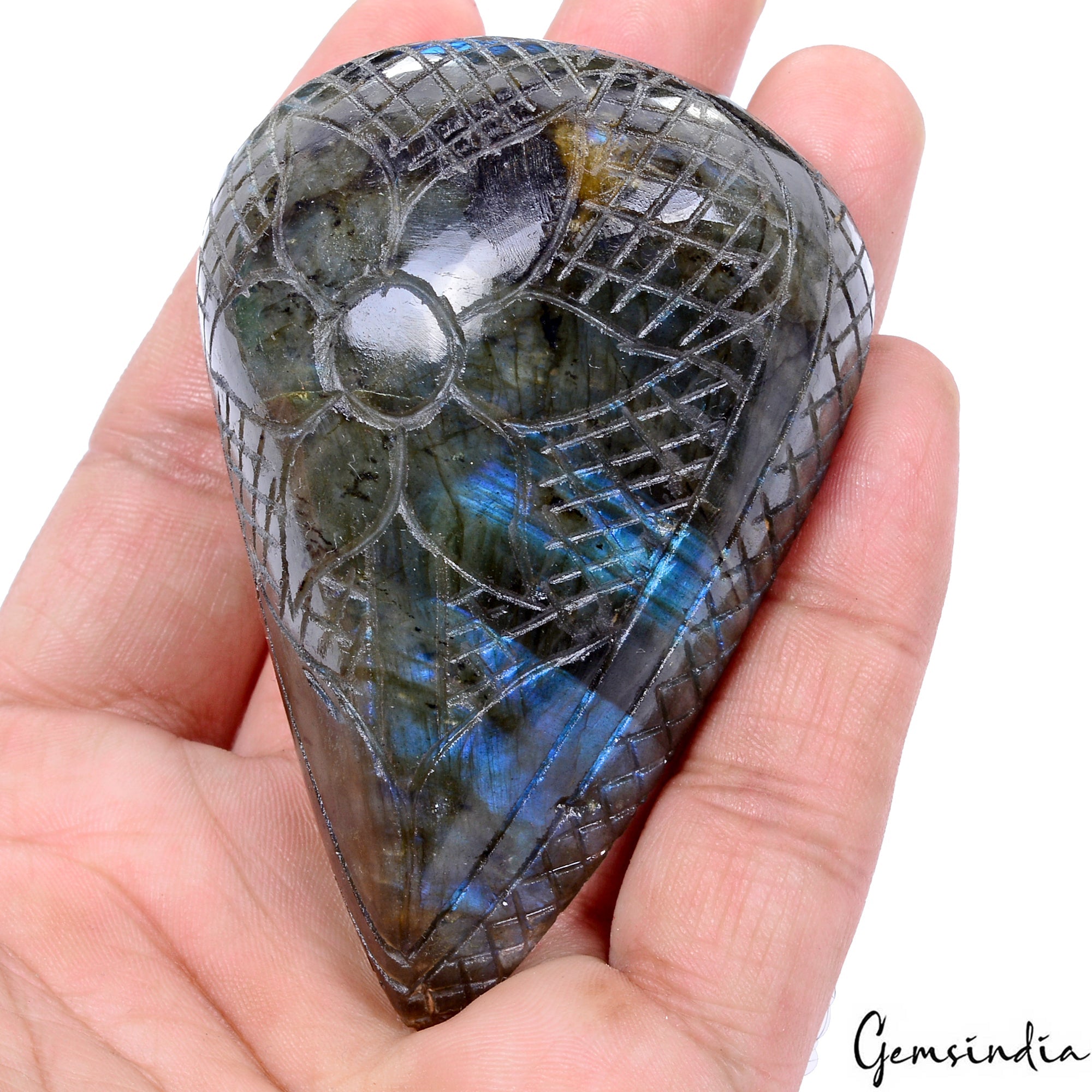 850Ct Natural Untreated Blue Shine Labradorite Pear Carving Earth Mined Gemstone