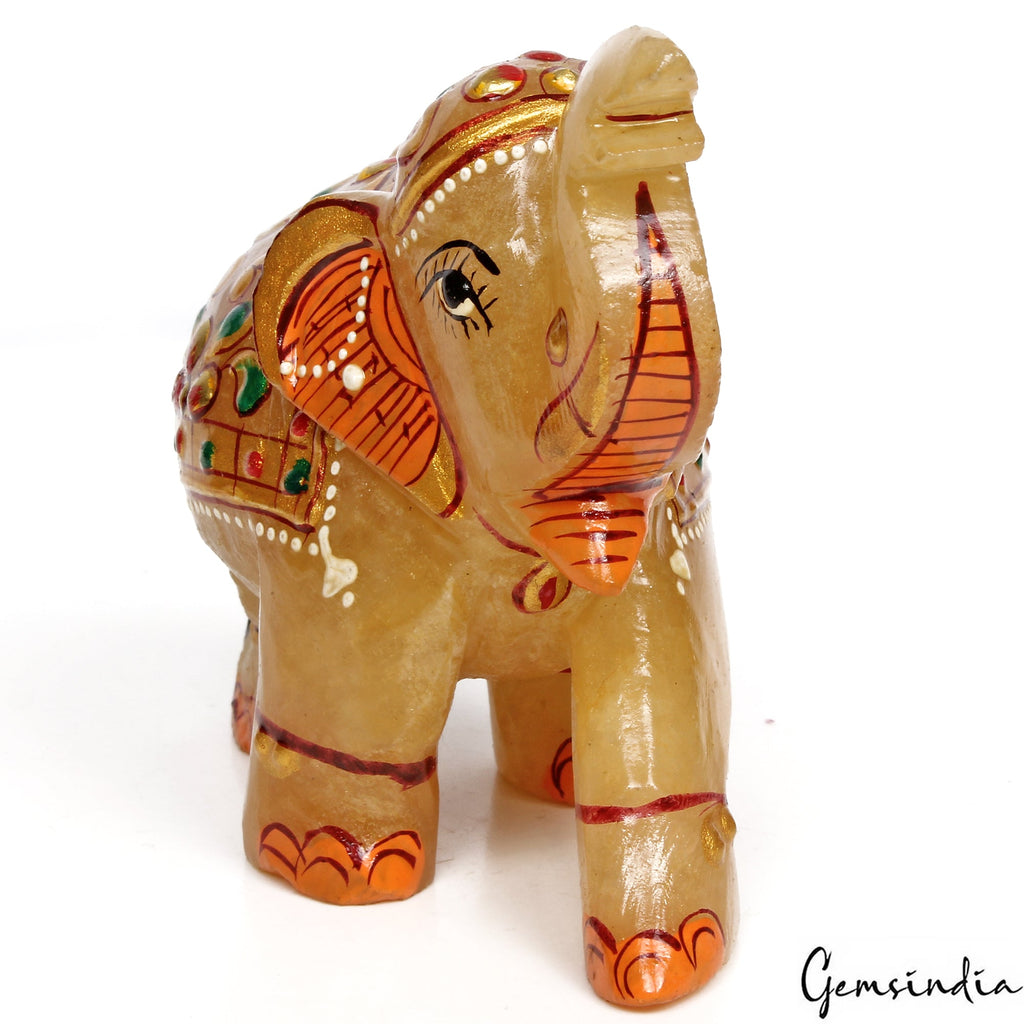 1160 Ct Hand Crafted Gold Painted Trunk Up Elephant Natural Aventurine Sculpture