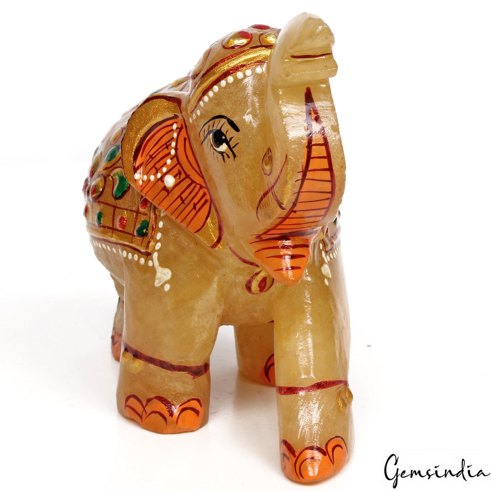 1160 Ct Hand Crafted Gold Painted Trunk Up Elephant Natural Aventurine Sculpture