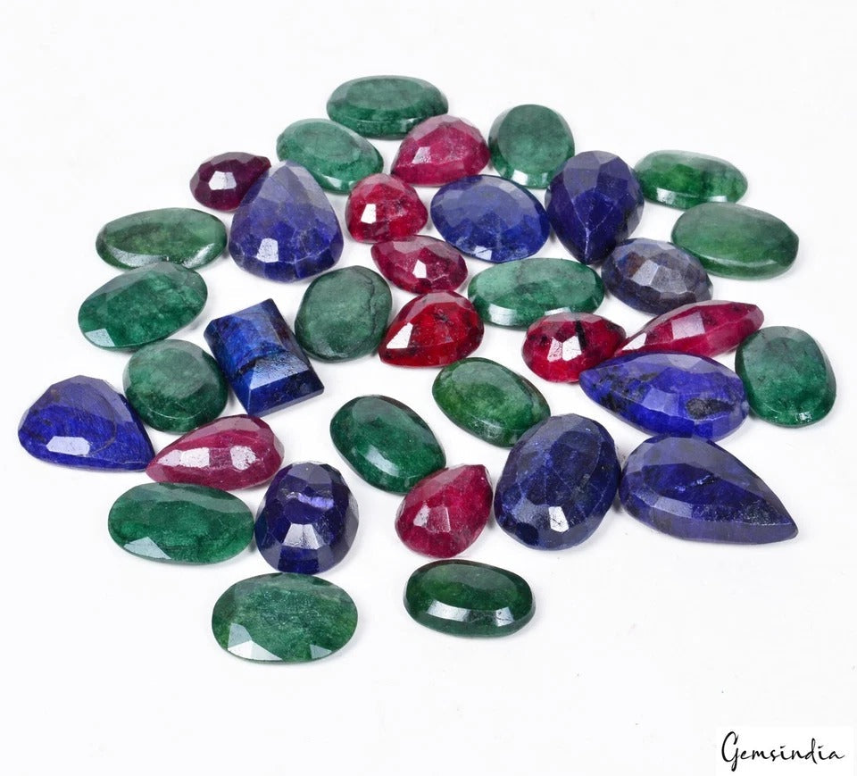 Certified 1500 Cts/35 Pcs Natural Multi Color Ruby Emerald Sapphire Mix Cut Gems