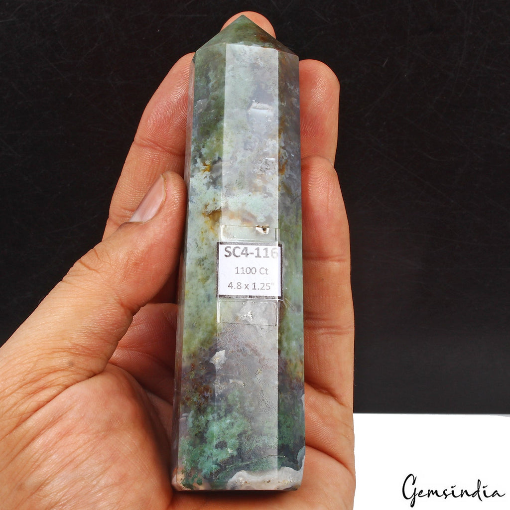 1100 Ct Natural Untreated Moss Agate Healing Crystal Obelisk Wand Point Tower