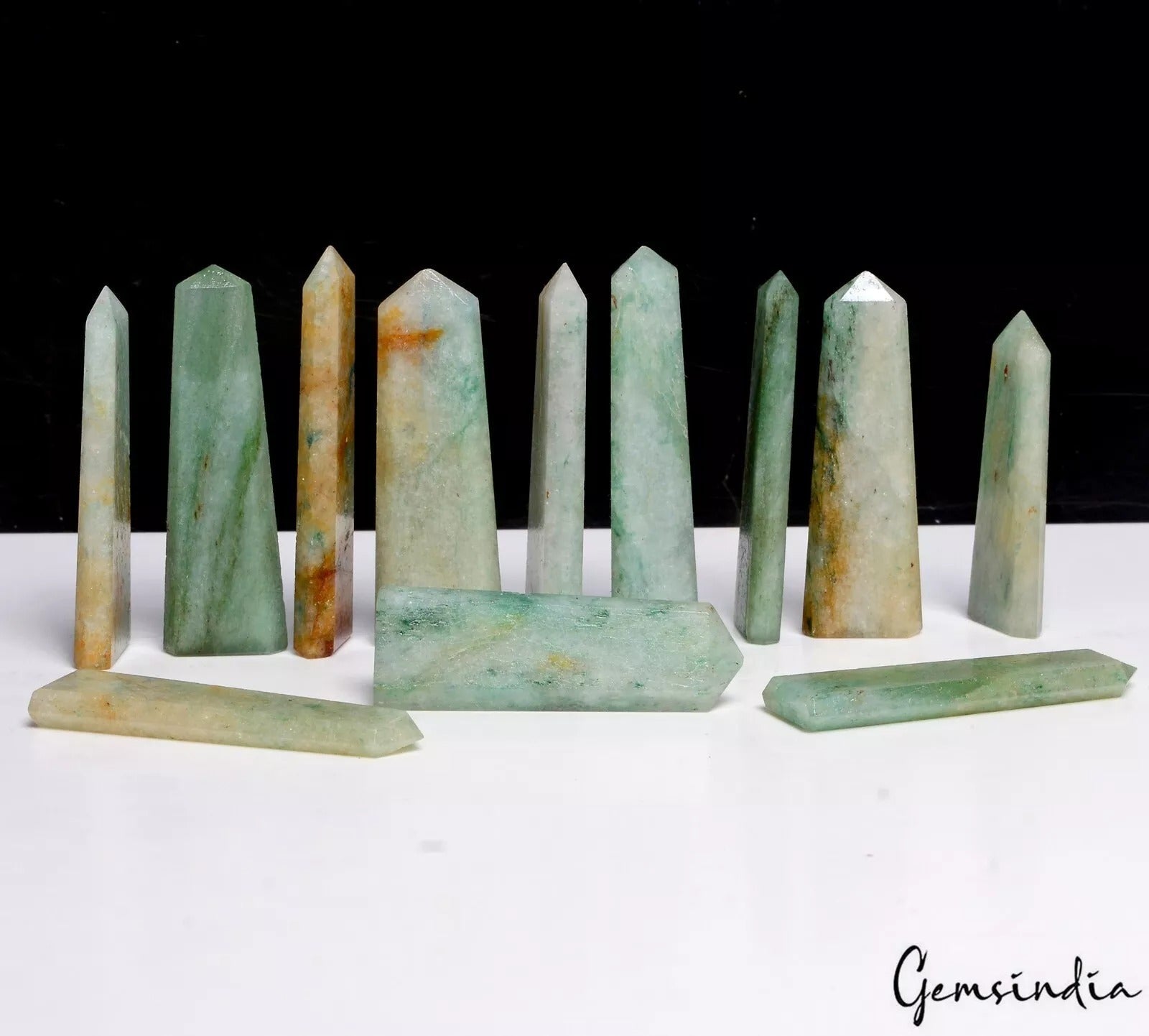 550 Cts/12 pcs Natural Green Aventurine Quartz Obelisk Crystal Wand Point Gems