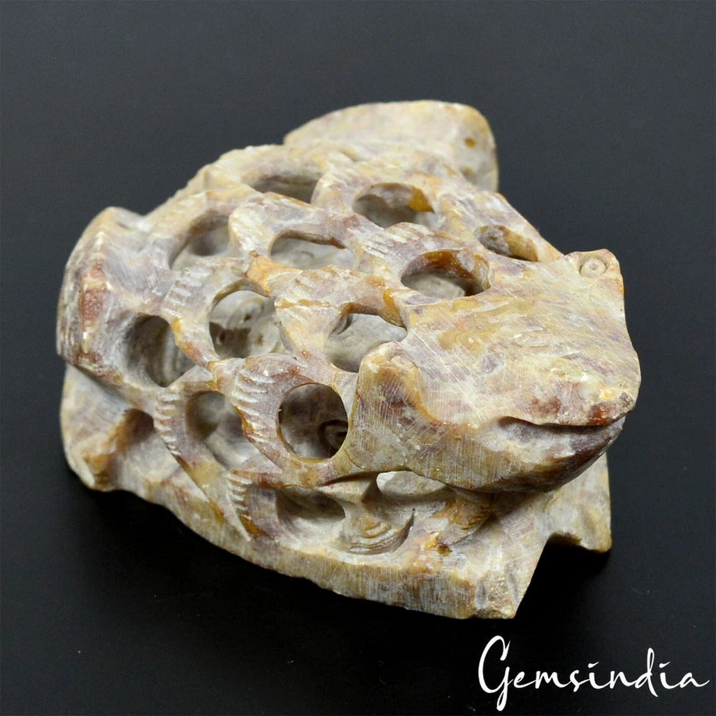 715 Cts Hand Carved Huge Soap Stone Frog-Mother with Baby Frog Inside Sculpture