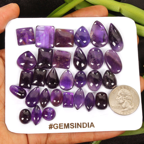 Amethyst Lot, Cabochon, Oval, Pear, Marquise & Rectangular Cabochon, Untreated — 30 Pieces, 11mm to 24mm, 248.25 Ct, Brazil