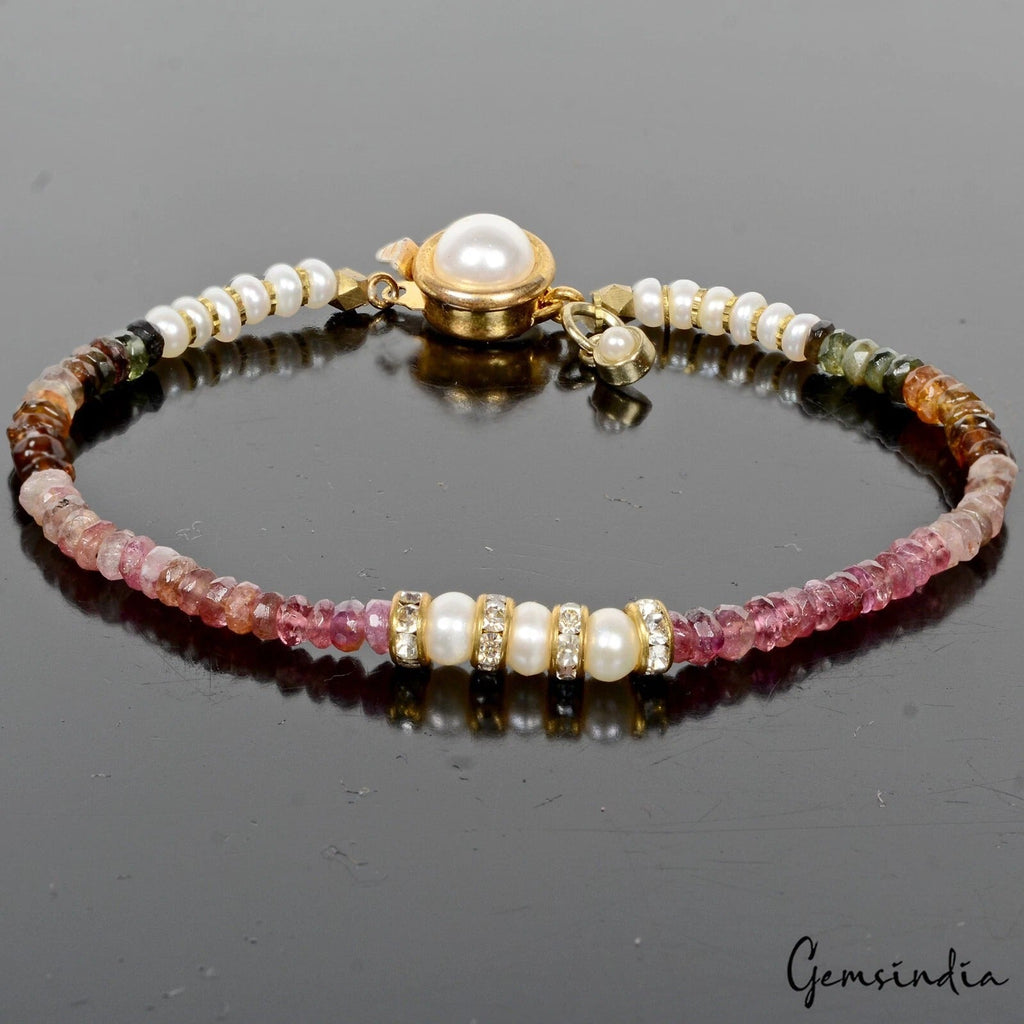 149Ct Natural Untreated Multi Color Tourmaline Pearl Round Beaded Bracelet 7.5''