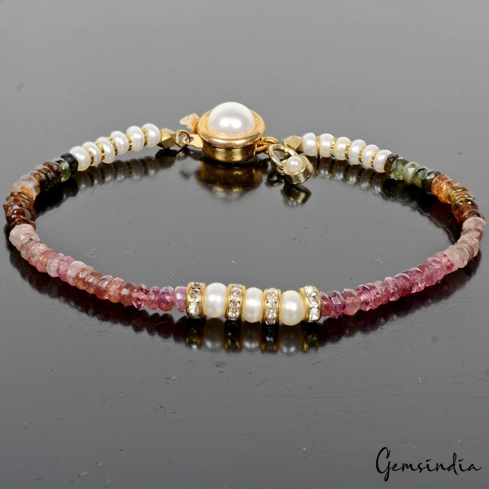 149Ct Natural Untreated Multi Color Tourmaline Pearl Round Beaded Bracelet 7.5''