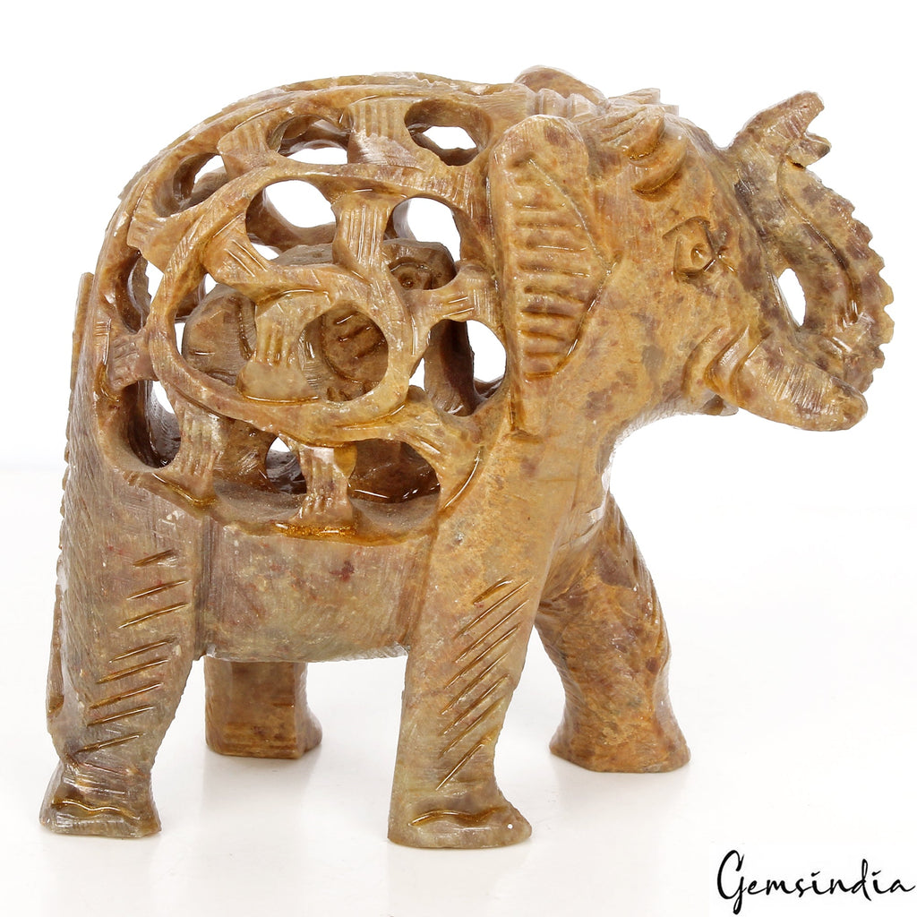 Hand Carved Elephant with Baby Inside Double Elephant Soapstone Figure ~ 1140 Ct