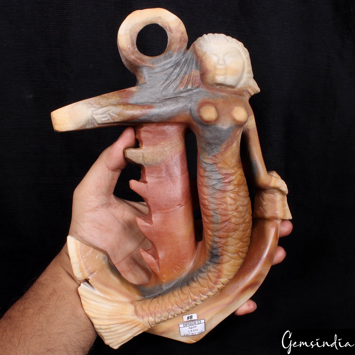11” Tall Agate Gemstone Handmade Mermaid Hanging Sculpture For Home/Office Decor