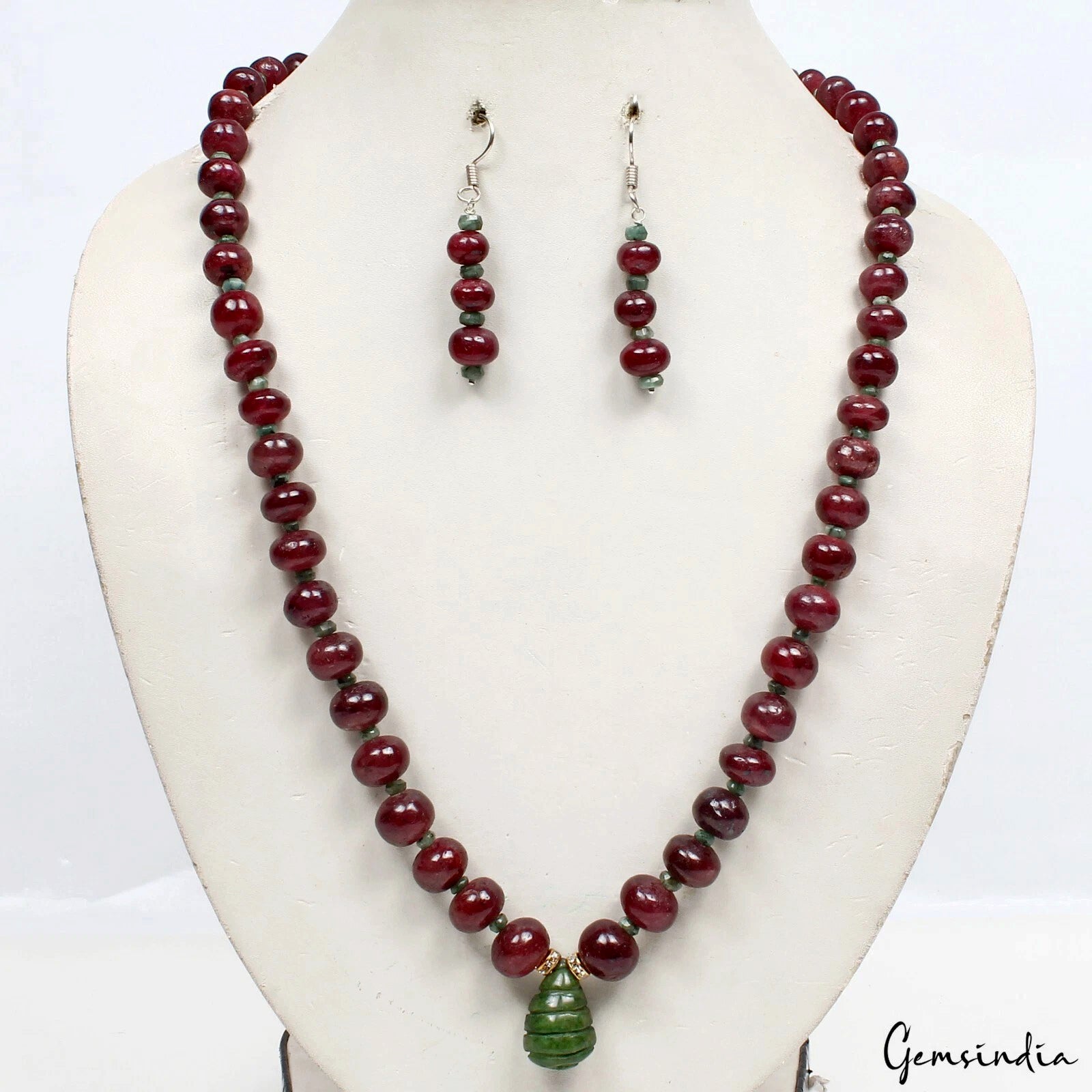 520 Ct Natural Ruby Emerald Gemstone Beaded Handmade Necklace Earrings~ 20" Long
