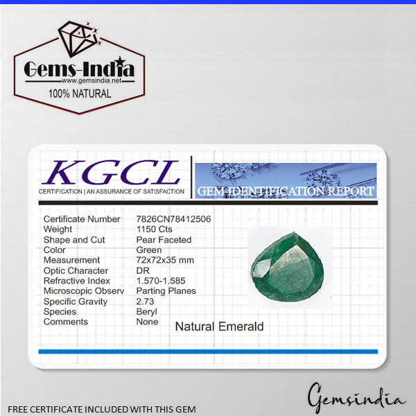 Certified 1150 Cts Natural Brazilian Green Emerald Pear Faceted Huge Loose Gem