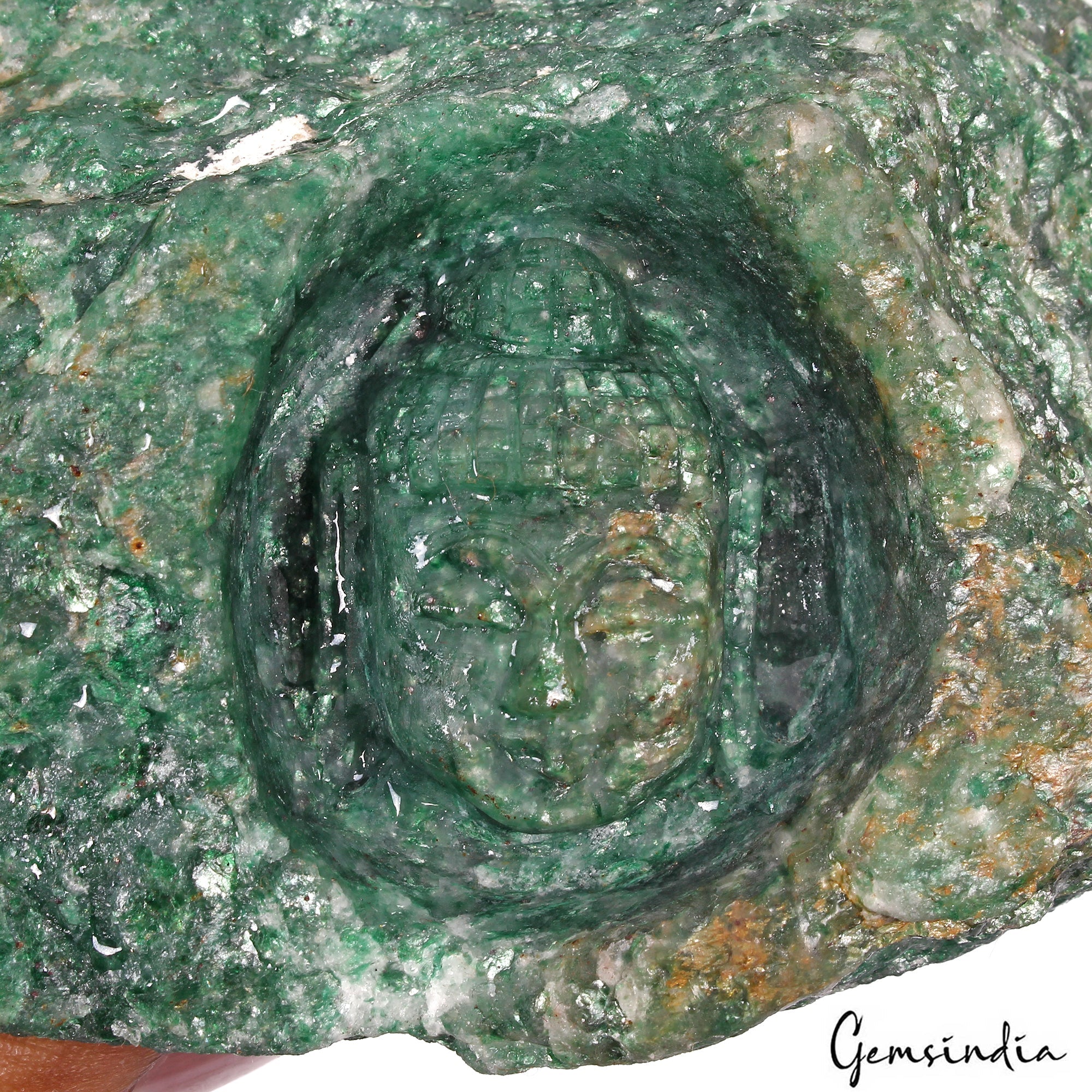 2600 Cts Natural Green Aventurine Rough Gem Carved Meditating Buddha Face Statue