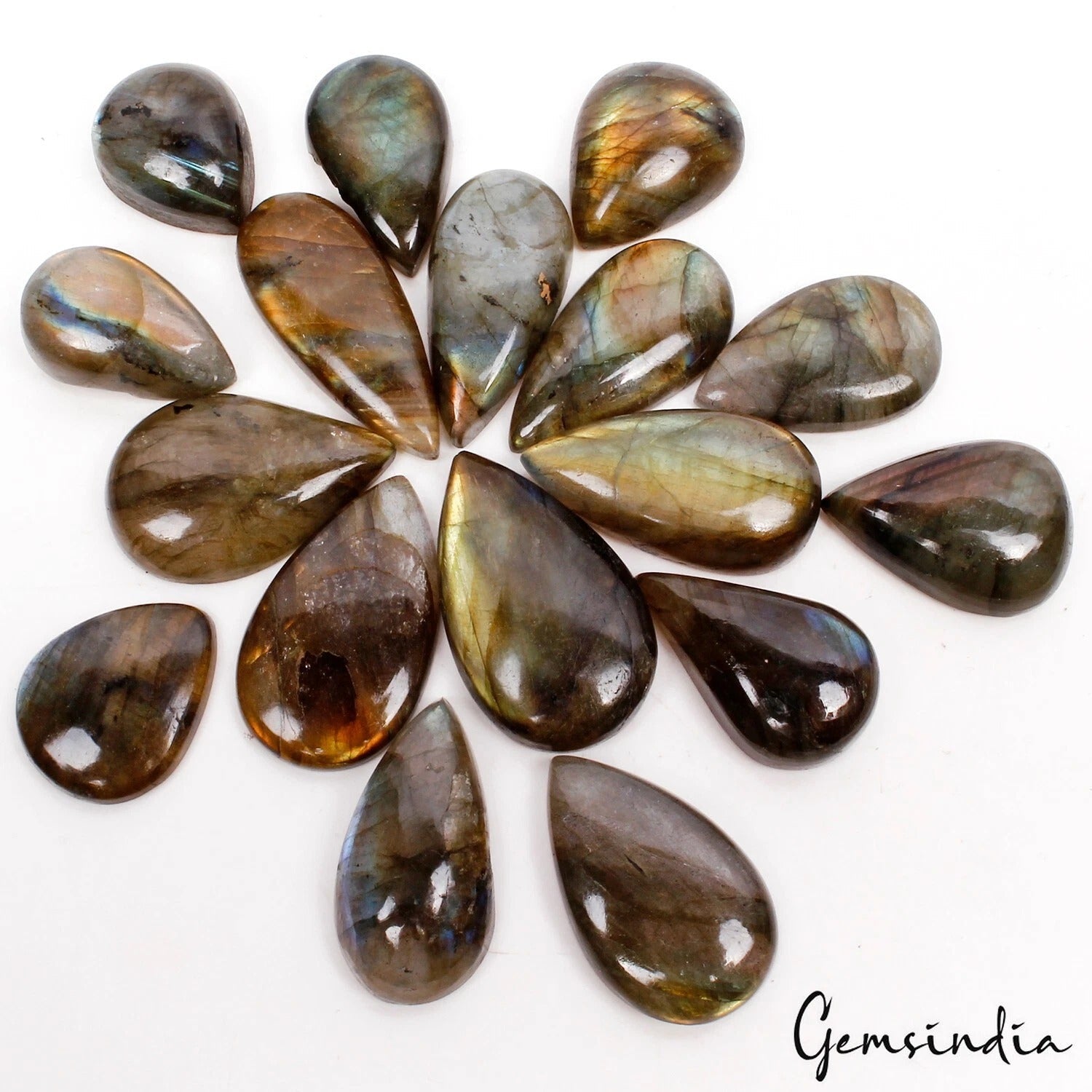 17 Pcs Natural Labradorite Pear Cabochon Loose Multi Shine Gemstones ~340 Cts