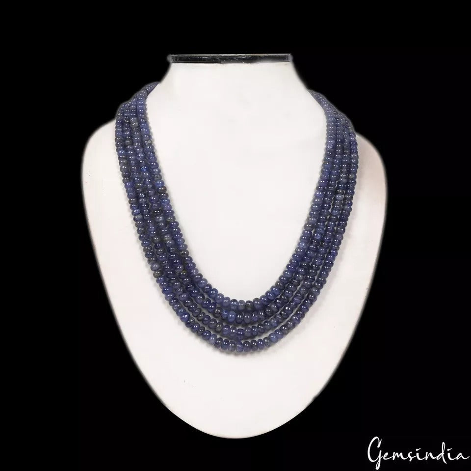 610 Ct Natural Blue Untreated Tanzanite Round Cab Beaded 4Strand Necklace 18-20"
