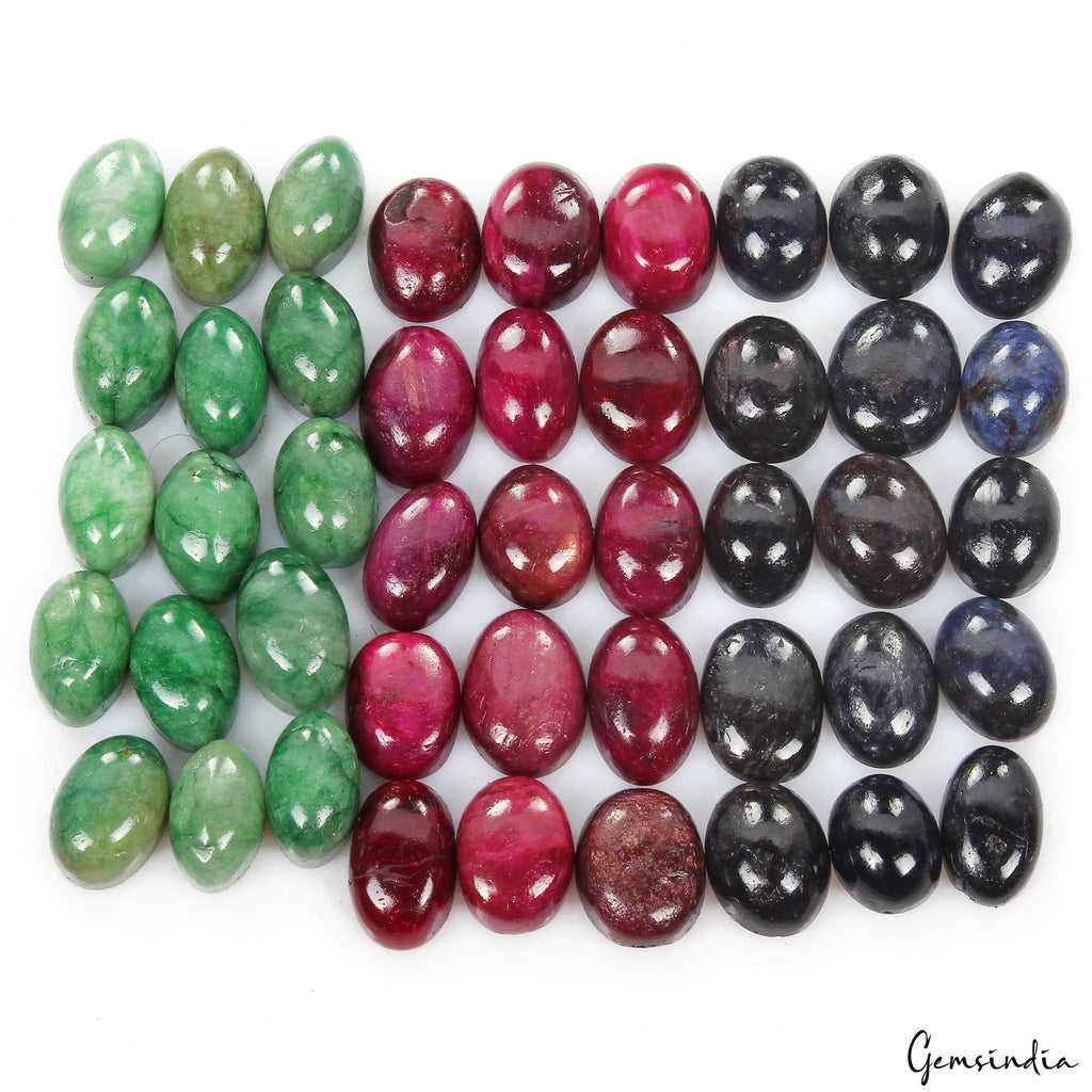 Certified 430 Ct Natural Ruby Emerald Sapphire Oval Cabochon Loose Gemstones Lot