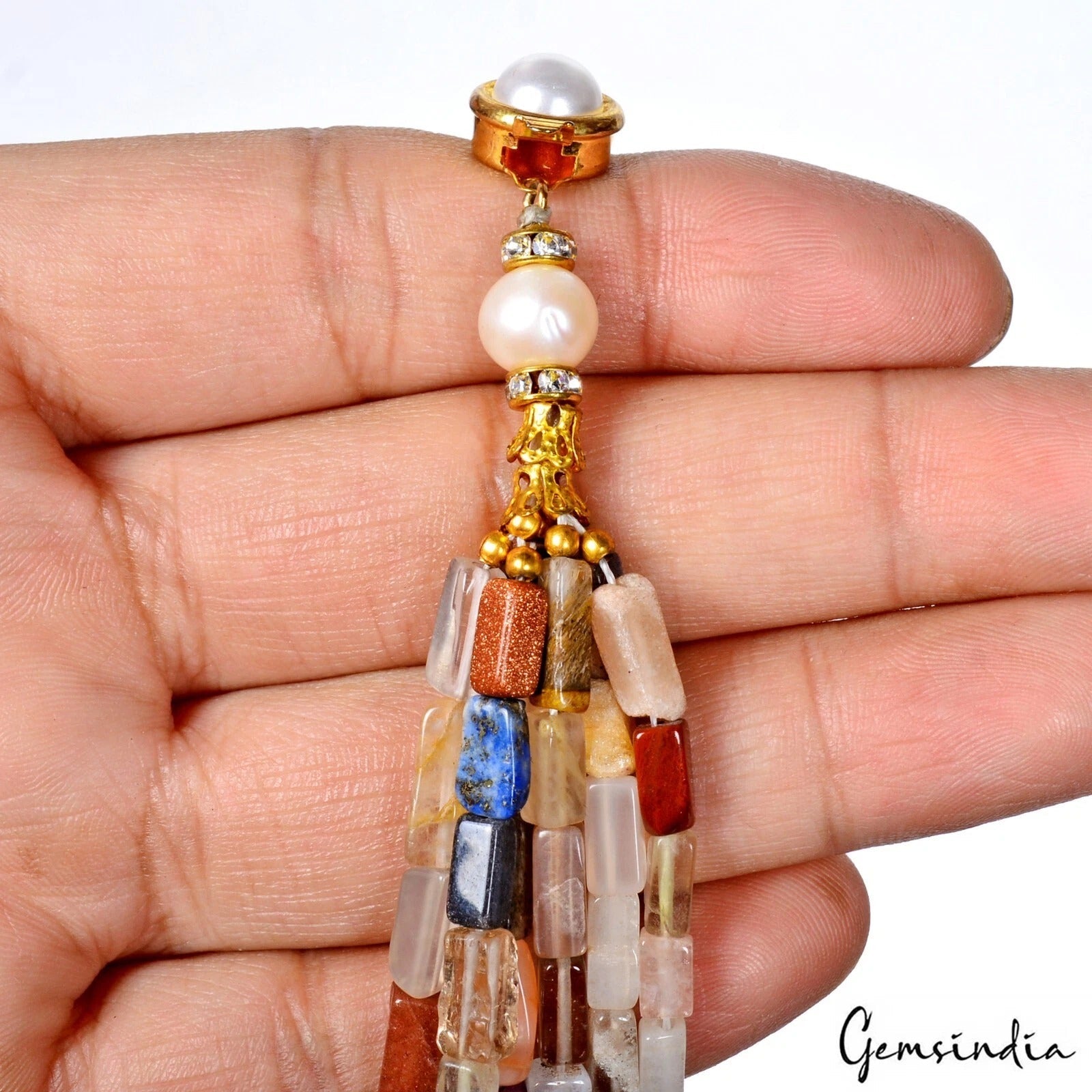 400 Ct Natural Multi Gems Baguette Cut Beads 6Layer Necklace w Golden Pearl Lock