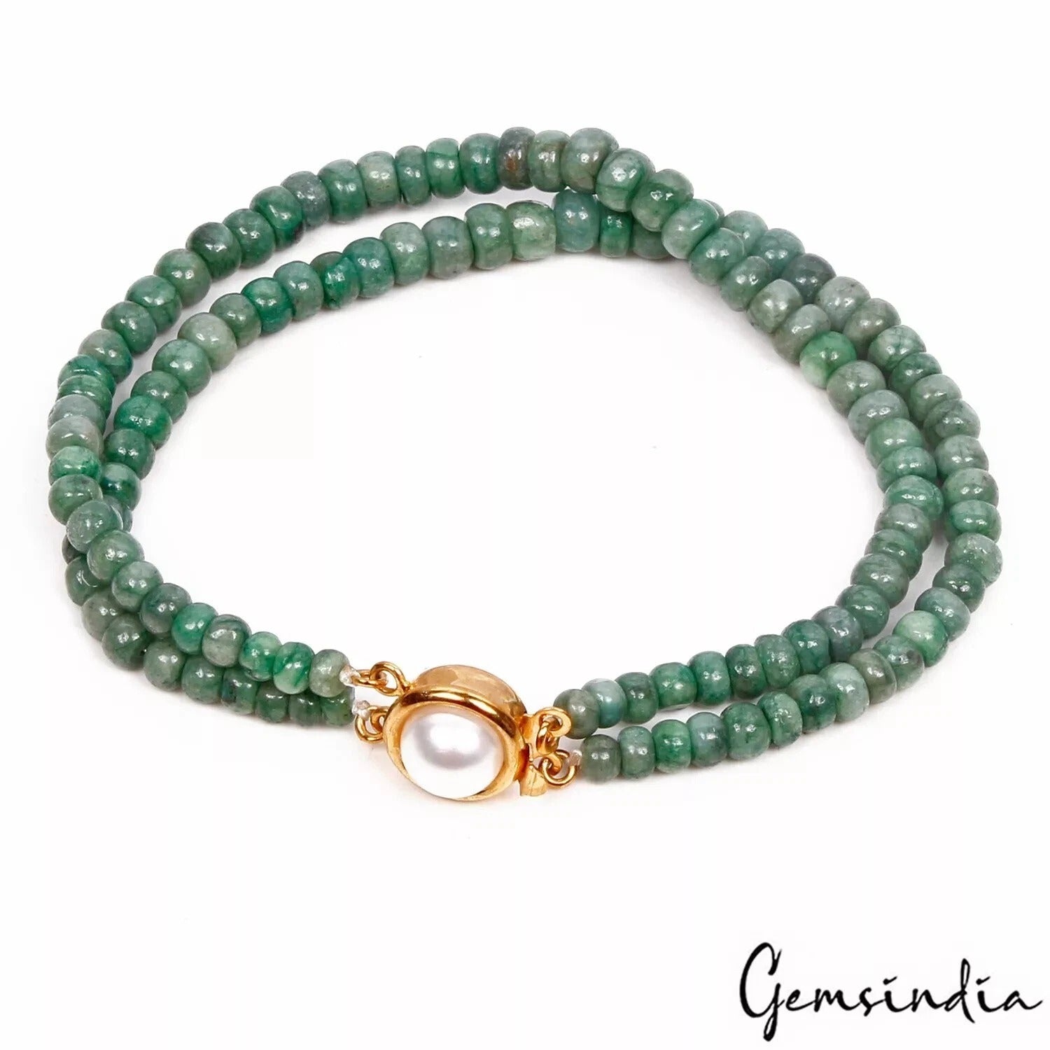 79 Ct Natural Green Emerald Round Beaded 2 Strand Bracelet 7.5" Slide Pearl Lock