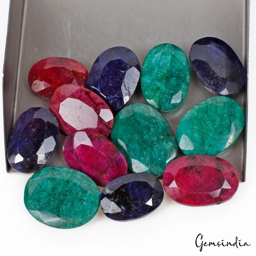 440 Cts/12 Pcs Natural Ruby, Emerald & Sapphire Oval Cut Loose Gems For Jewelry