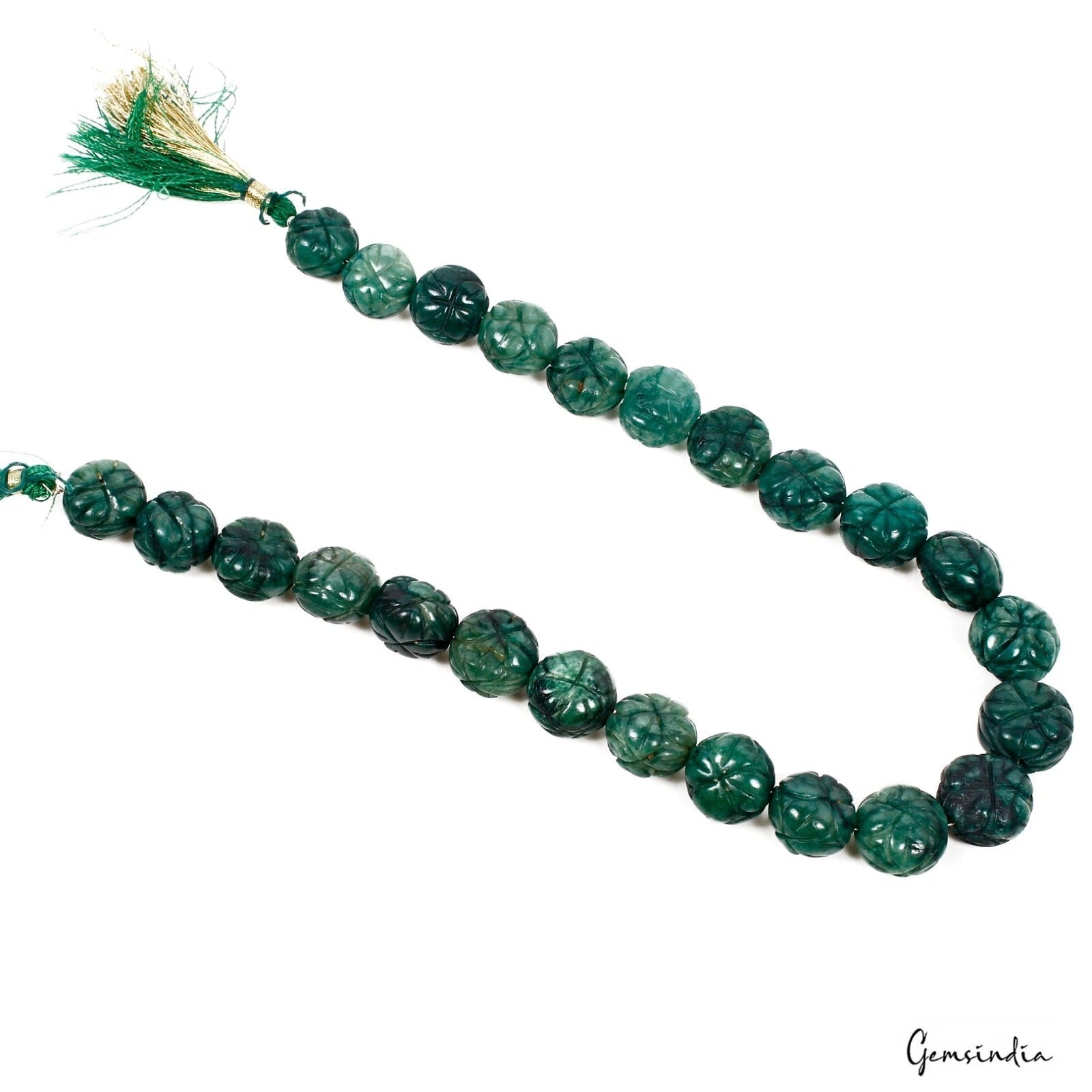 530 Ct/25 Pcs Natural Dark Green Emerald Round Drill Carved Beads Strand~15"Long