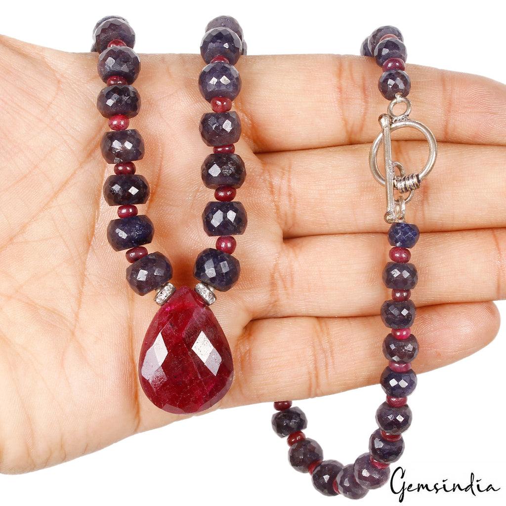 22" Natural Ruby & Sapphire Gemstone Handmade Pendant Necklace for Women 445 Ct