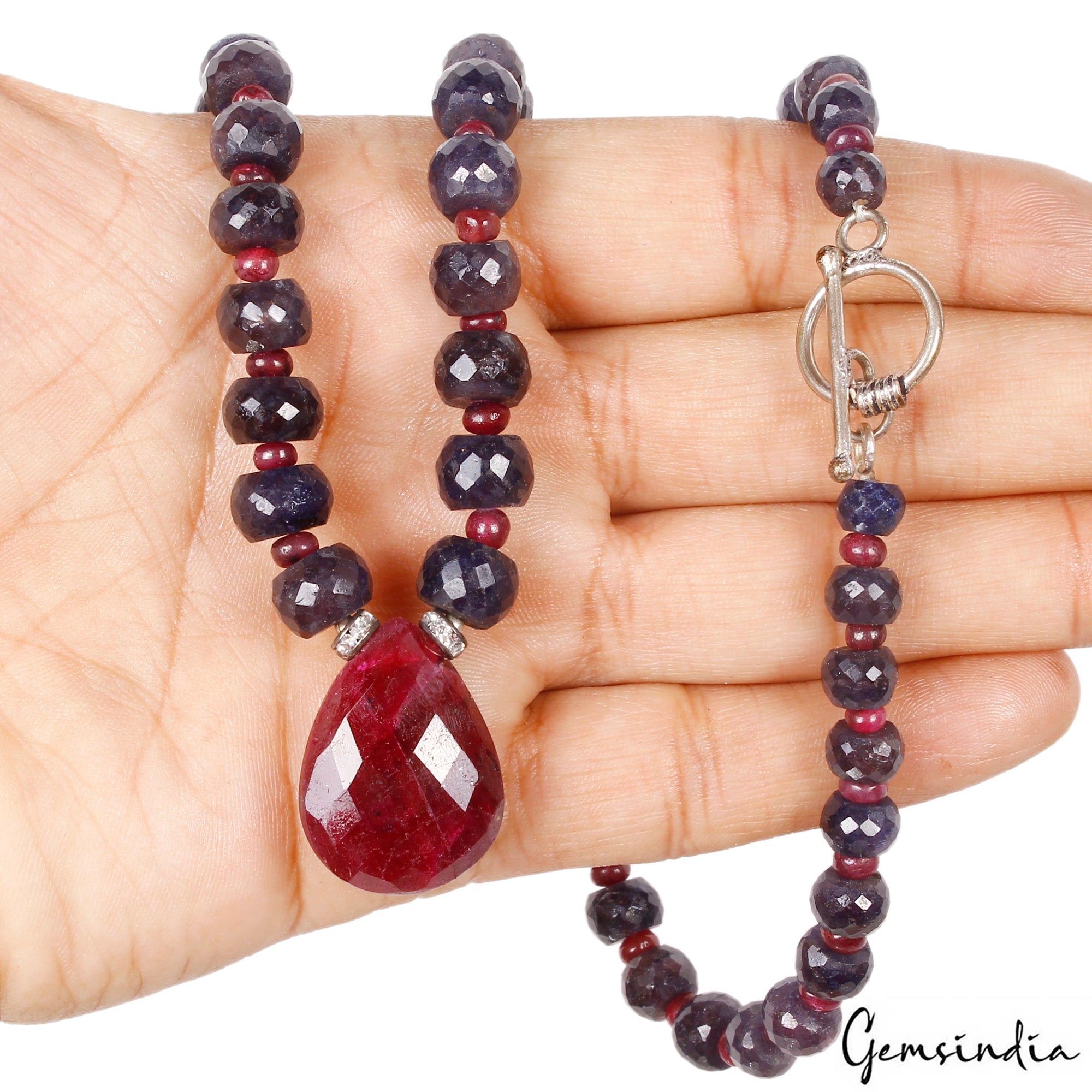 22" Natural Ruby & Sapphire Gemstone Handmade Pendant Necklace for Women 445 Ct
