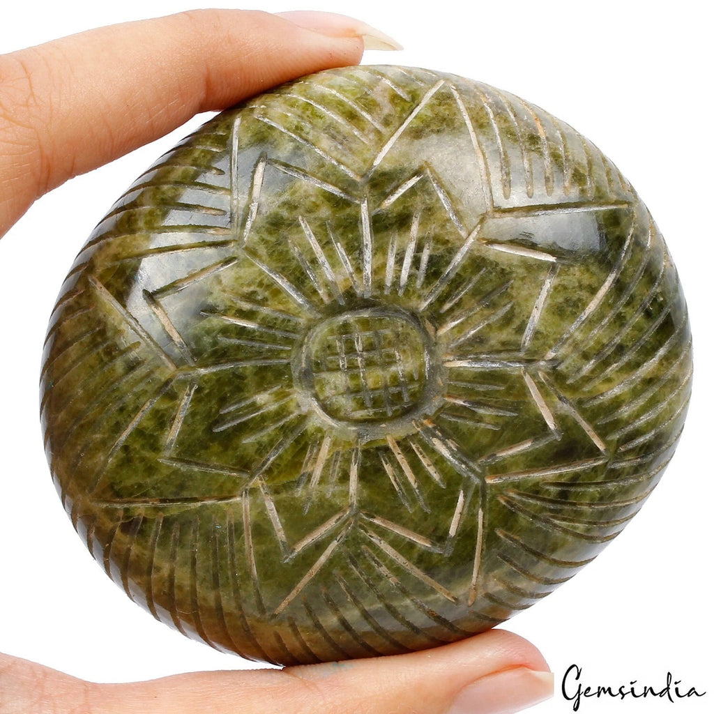 Vessonite Cabochon, Untreated, Green — 76x67x22 mm, 1180 Ct, Madagascar