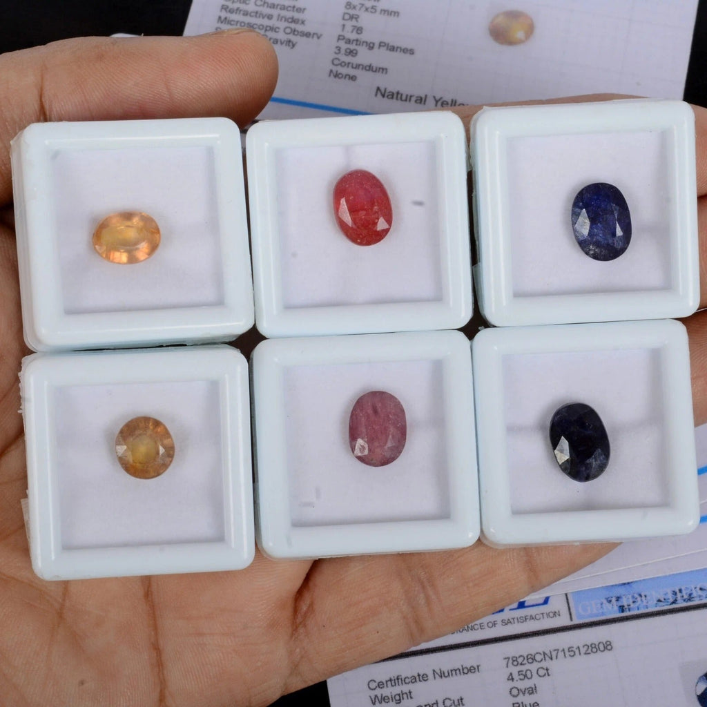 Certified 25.55Ct/6 Pcs Red Ruby Ceylon Blue Yellow Sapphire Oval Cut Loose Gems