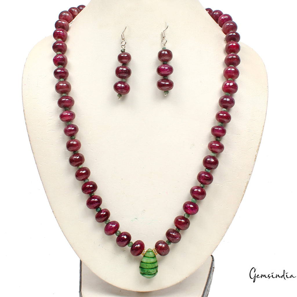 770 Carat Natural Red Ruby Green Emerald Beaded Hand Made Fancy Necklace/Earring