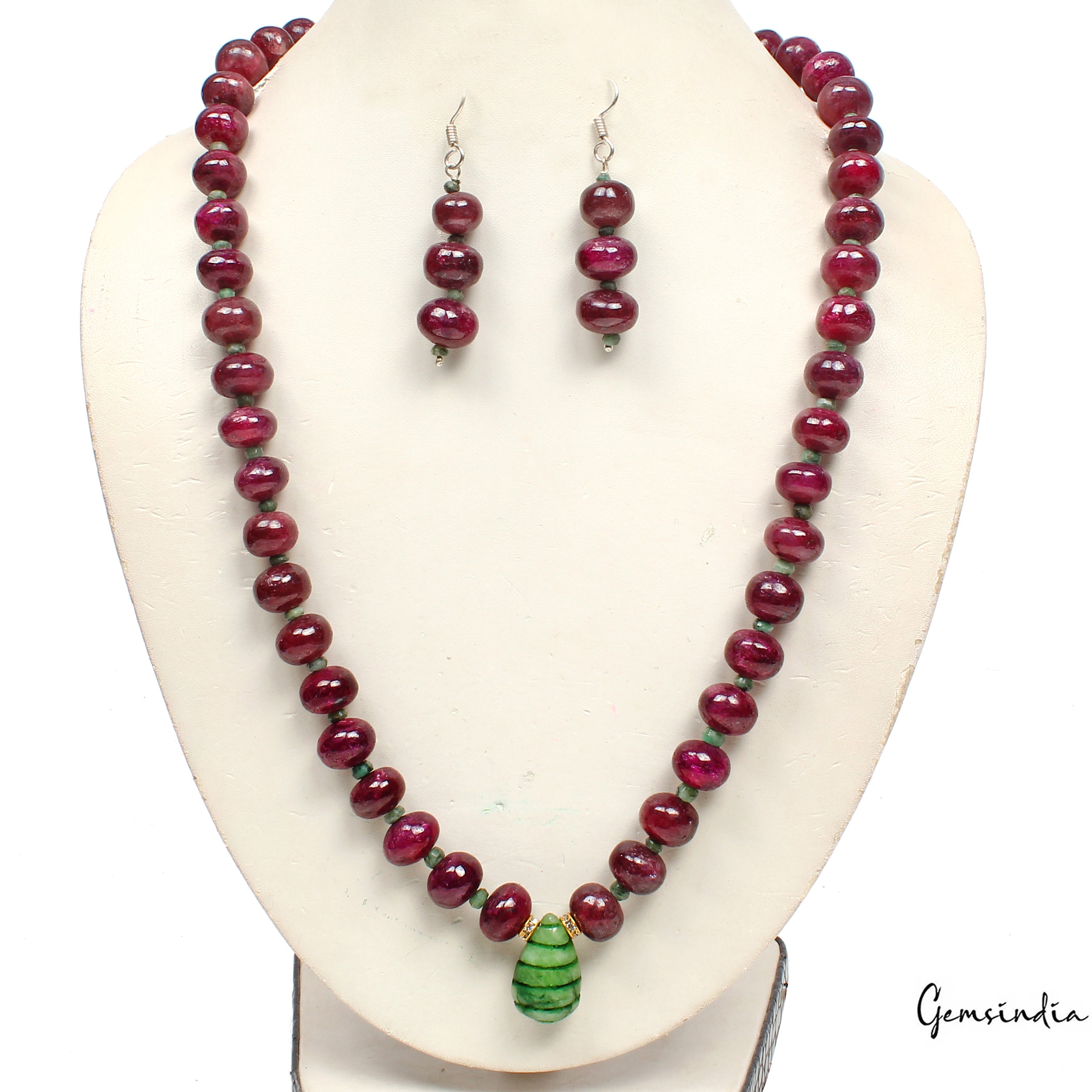 770 Carat Natural Red Ruby Green Emerald Beaded Hand Made Fancy Necklace/Earring