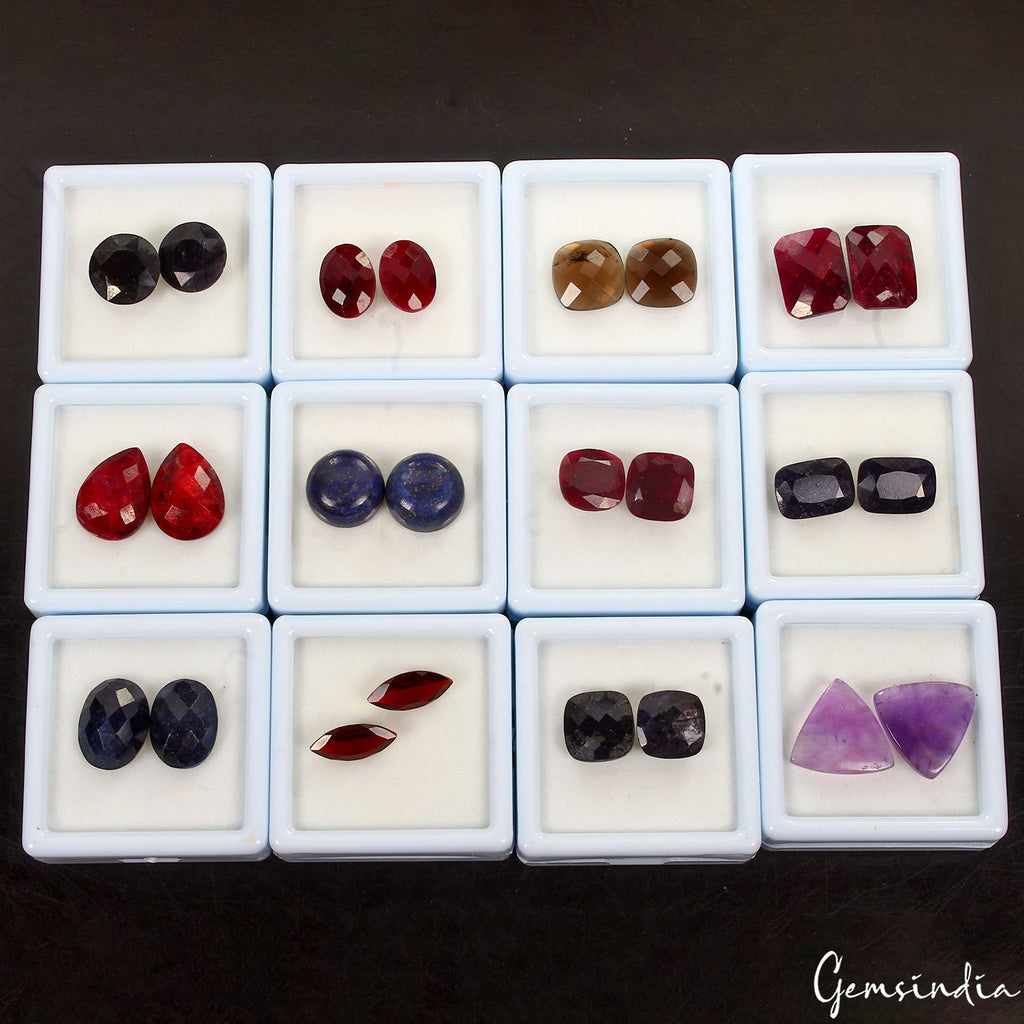 12 Pair Estate Genuine Multi Gems Loose Colorful Jewelry Stones Collection w/Box