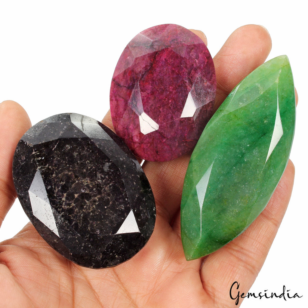 1300 Ct 3 Pcs Natural Multi Color Emerald Ruby Sapphire Mixed Cut Loose Gem Lot