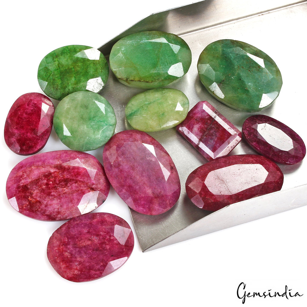720 Ct/13 Pcs Natural Red Beryl/Green Emerald Mix Cut Loose Gems Lot For Jewelry