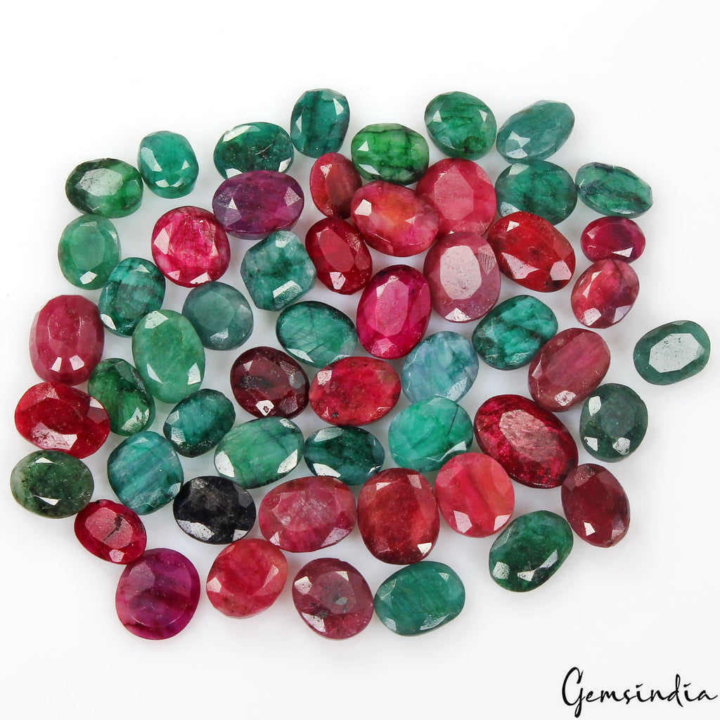 270 Cts/53 Pcs Natural Red Ruby Green Emerald Oval Cut Loose Certified Gemstones