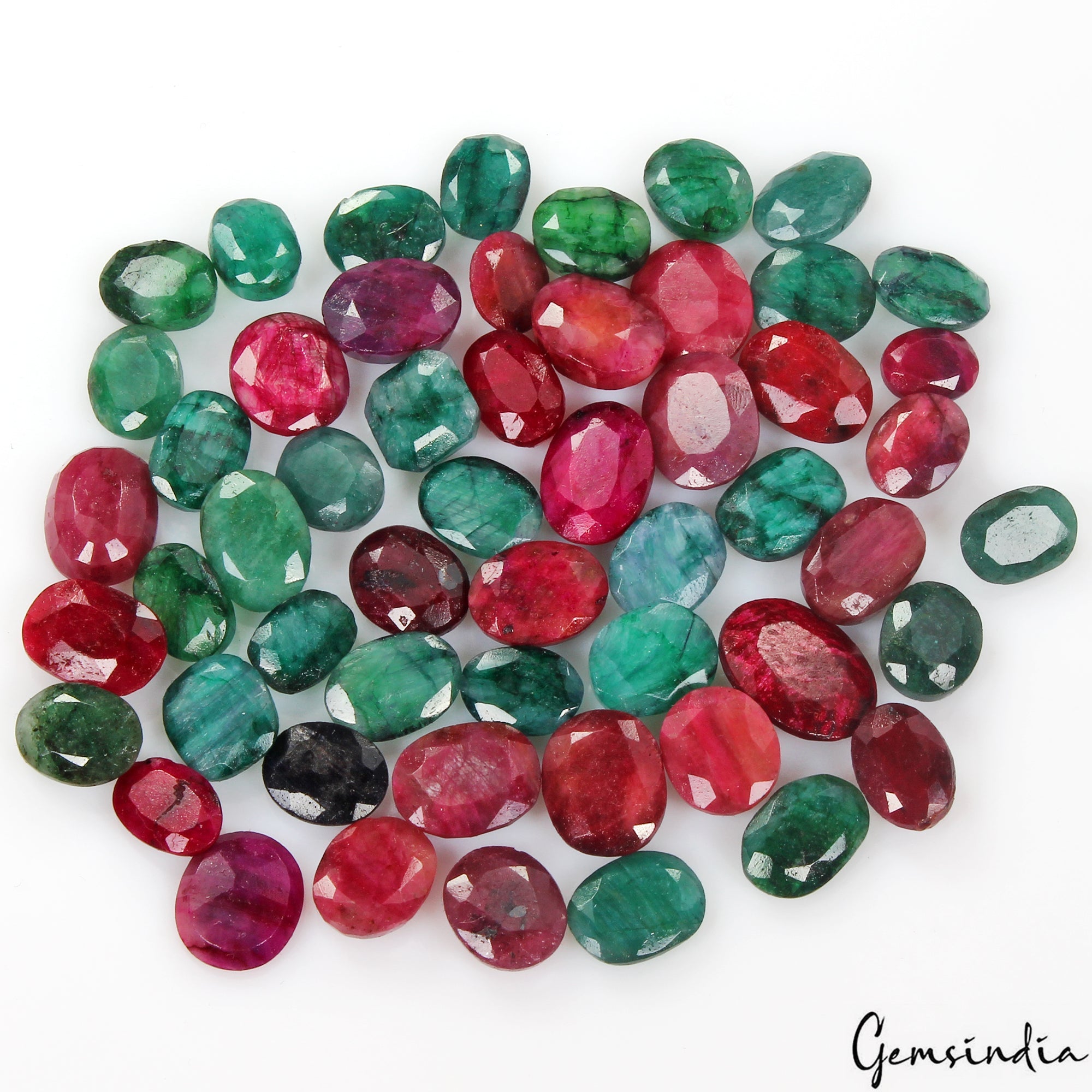 270 Cts/53 Pcs Natural Red Ruby Green Emerald Oval Cut Loose Certified Gemstones