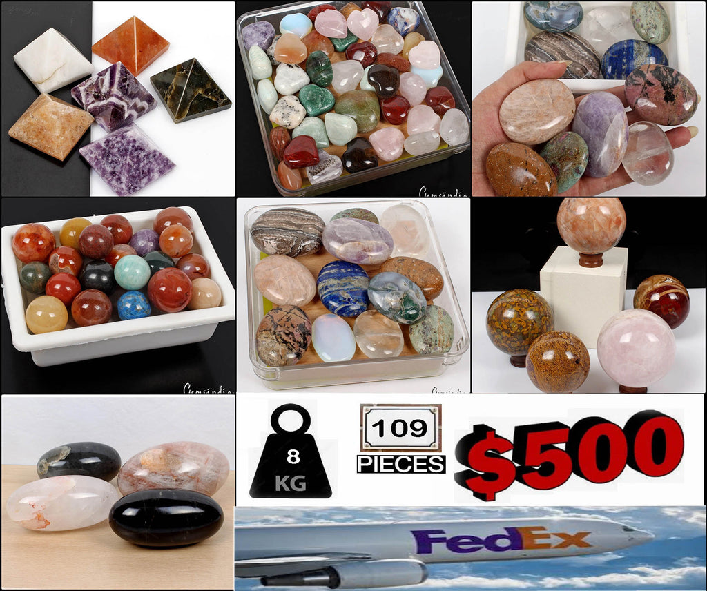 8 Kilo Mixed Gemstone Minerals Lot – Heart Sphere Egg Pyramid Palmstone 109 Pcs