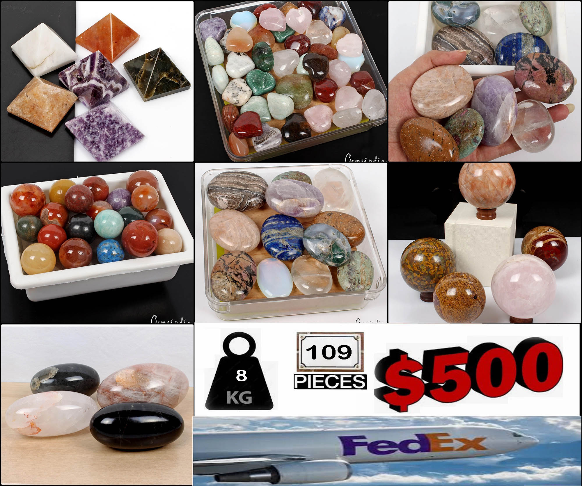 8 Kilo Mixed Gemstone Minerals Lot – Heart Sphere Egg Pyramid Palmstone 109 Pcs