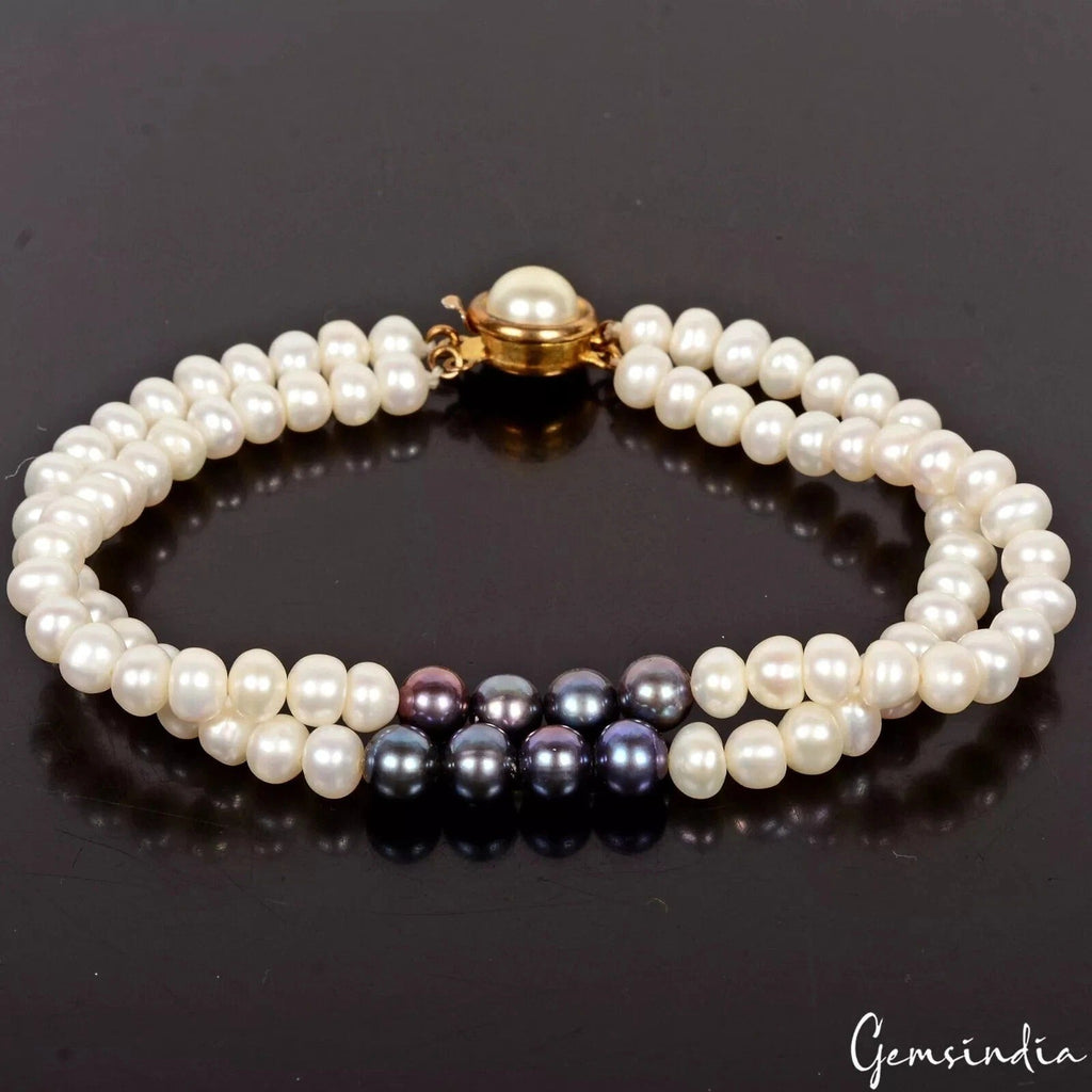 91.60 Ct Freshwater White Pearl, Tahitian Pearl Round Beaded 2Strand Bracelet 8"
