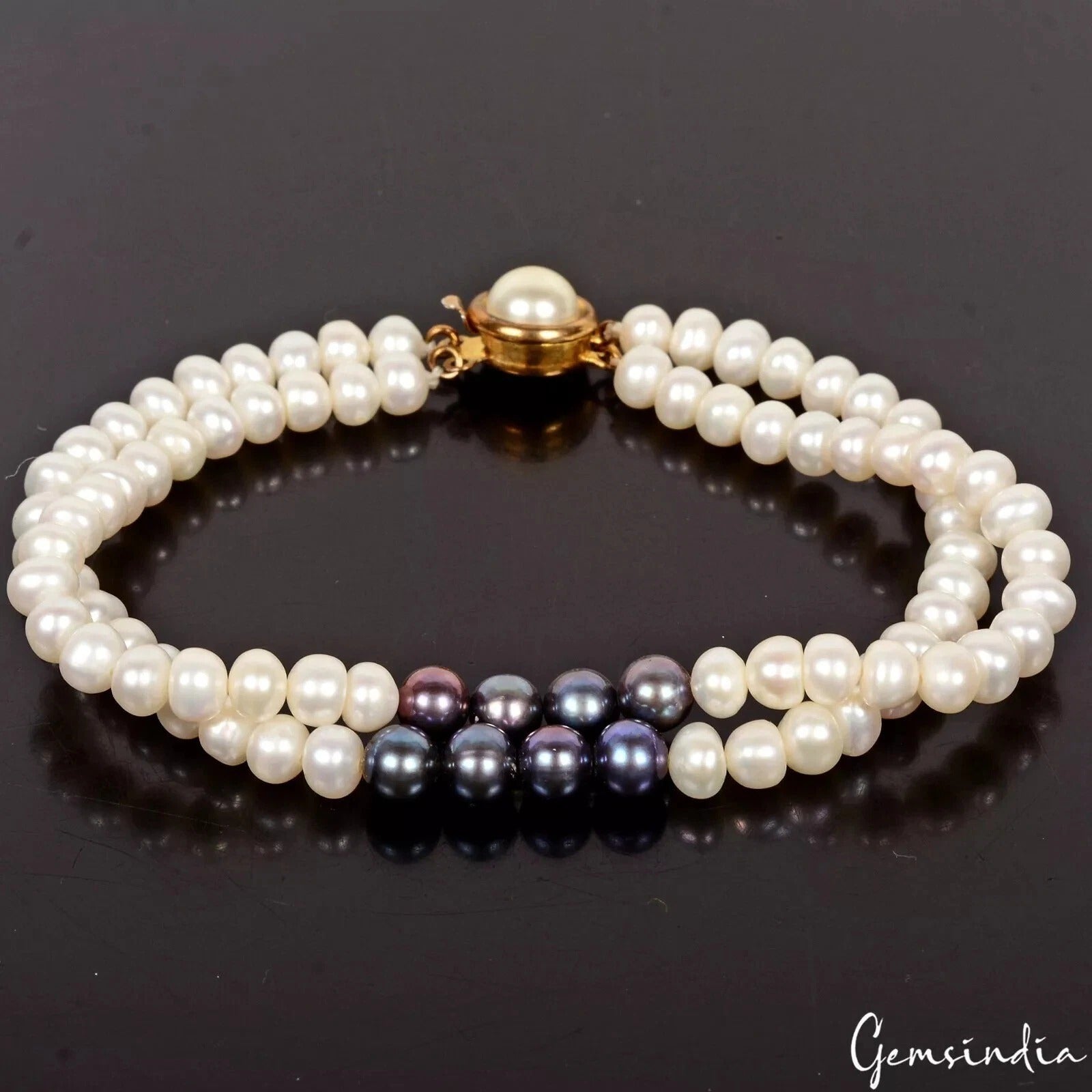 91.60 Ct Freshwater White Pearl, Tahitian Pearl Round Beaded 2Strand Bracelet 8"