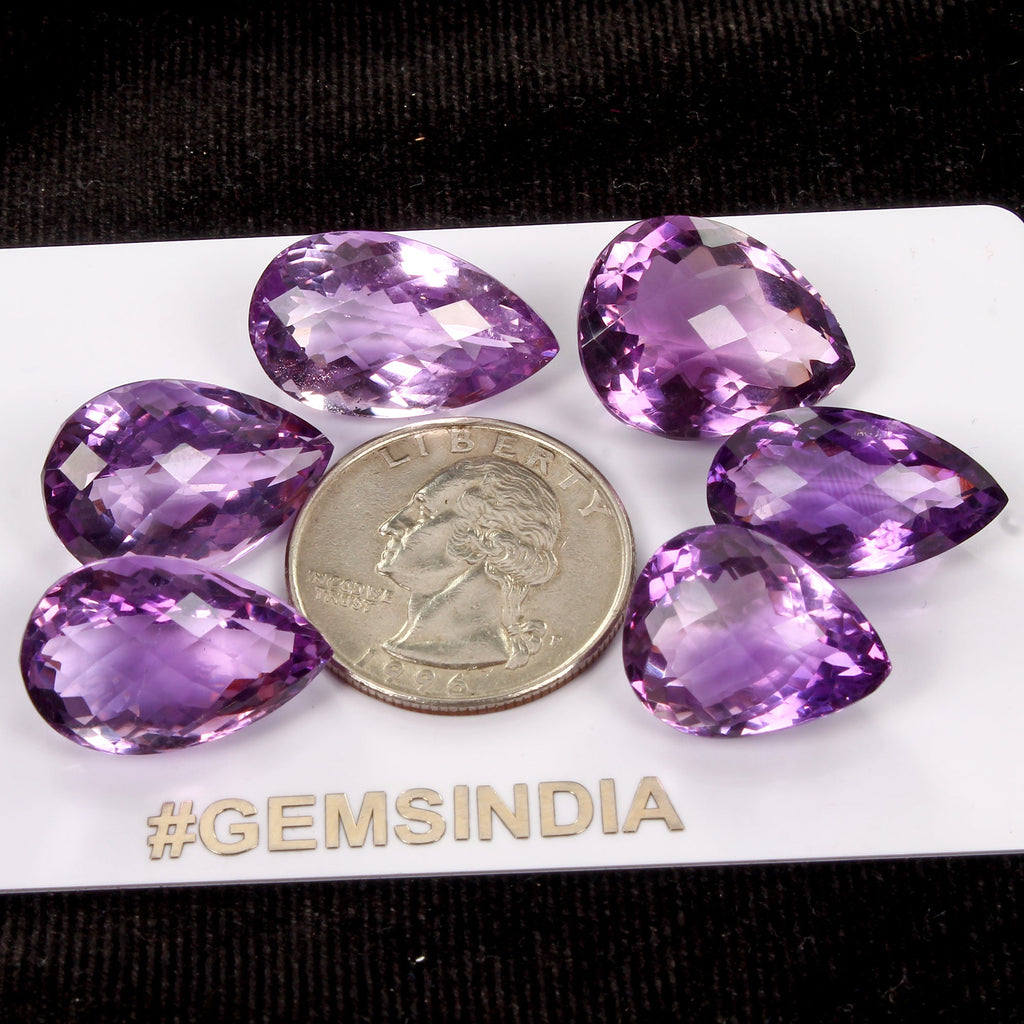 Certified 94Ct Natural Rich Purple Amethyst Pear Checker Cut AAA Grade Gemstones