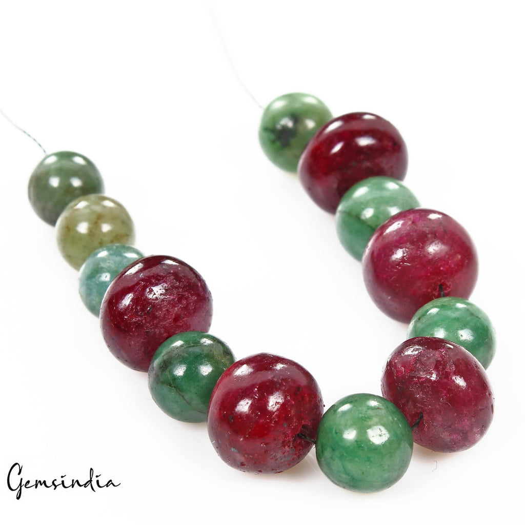 130 Cts/13 Pcs Natural Red Ruby Green Emerald Round Cab Drilled Bead Loose Gems