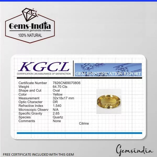 Certified VVS 64.70 Ct Natural Golden Yellow Citrine Oval Faceted Clean Gemstone