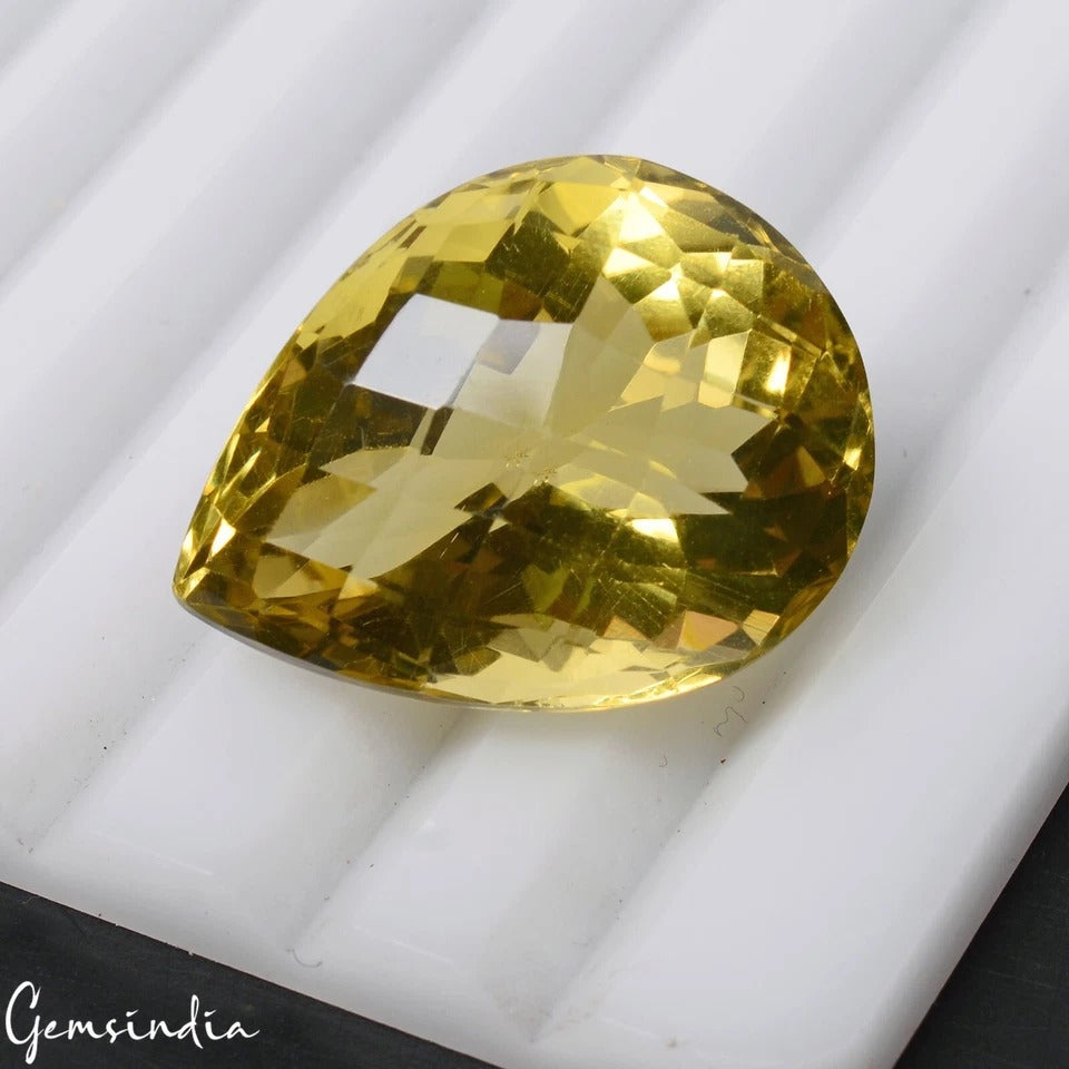 VVS 33.10 Cts Natural Yellow Citrine Pear Checker Cut Eye Clean Loose Gemstone~