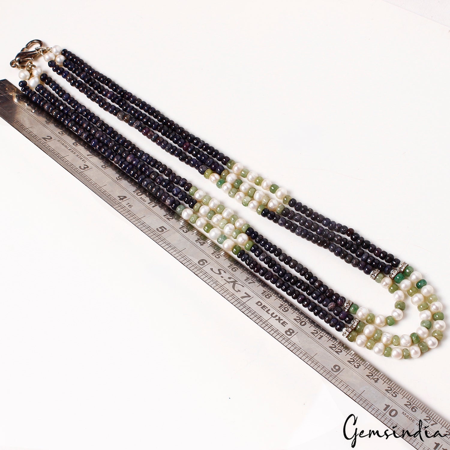 3 Strands Natural Sapphire Pearl Handmade Necklace/19-21" Long Women Gem Jewelry