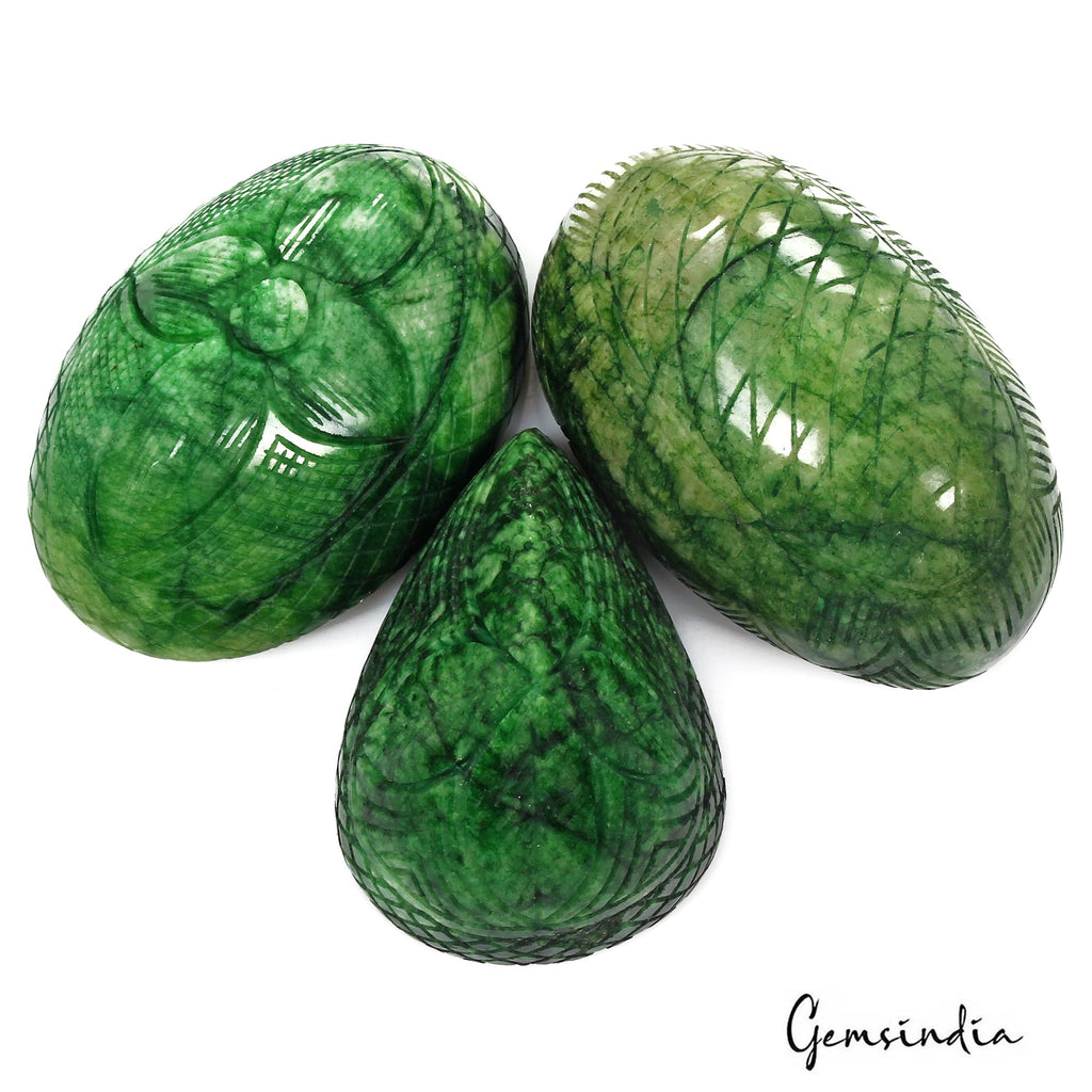 2040 Cts Natural Green Carving Emerald Mix Cut Earth Mined Loose Gems Lot 3 Pcs