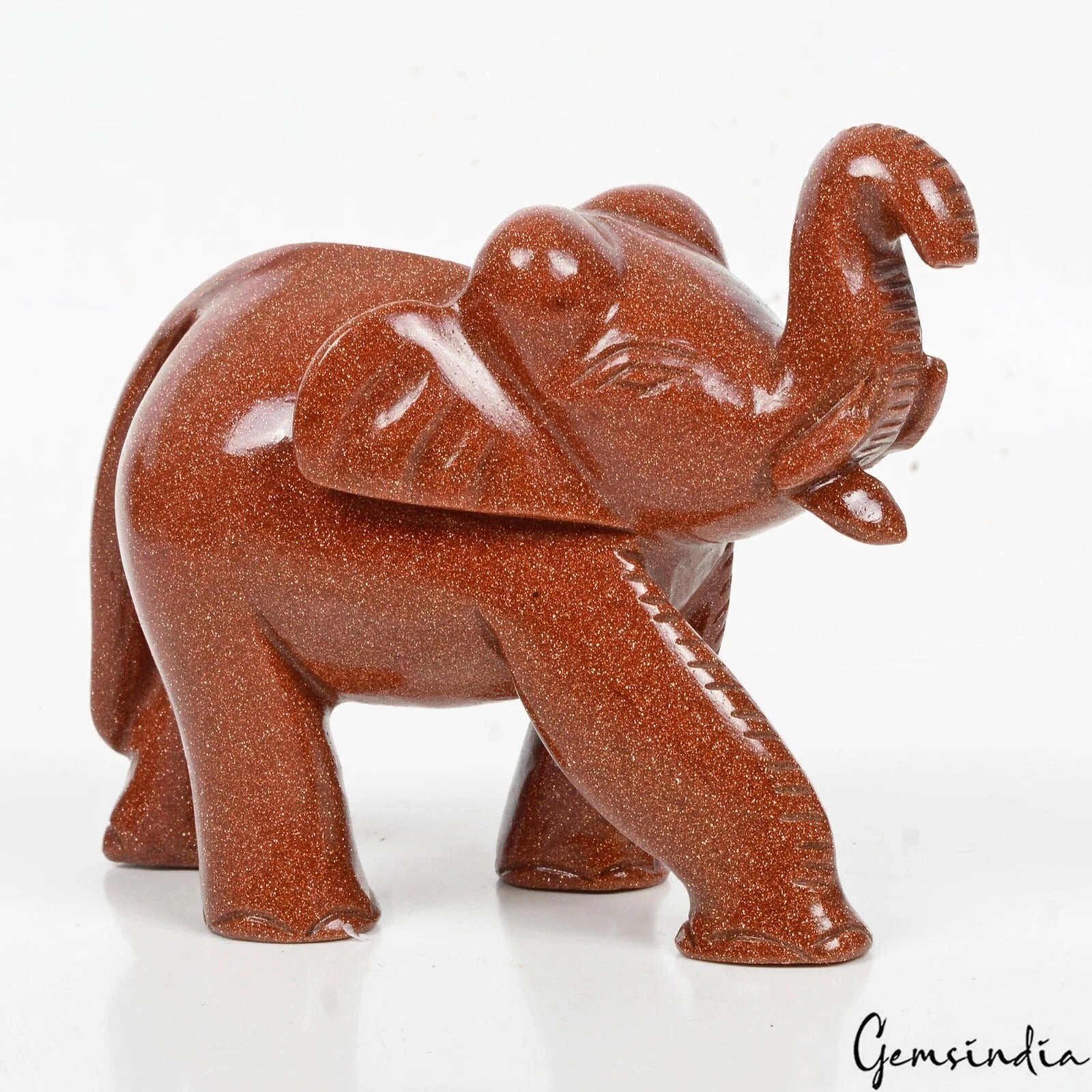 2400Ct Natural Brown Sunstone Trunk up Elephant Hand Crafted/Decor Gem Sculpture