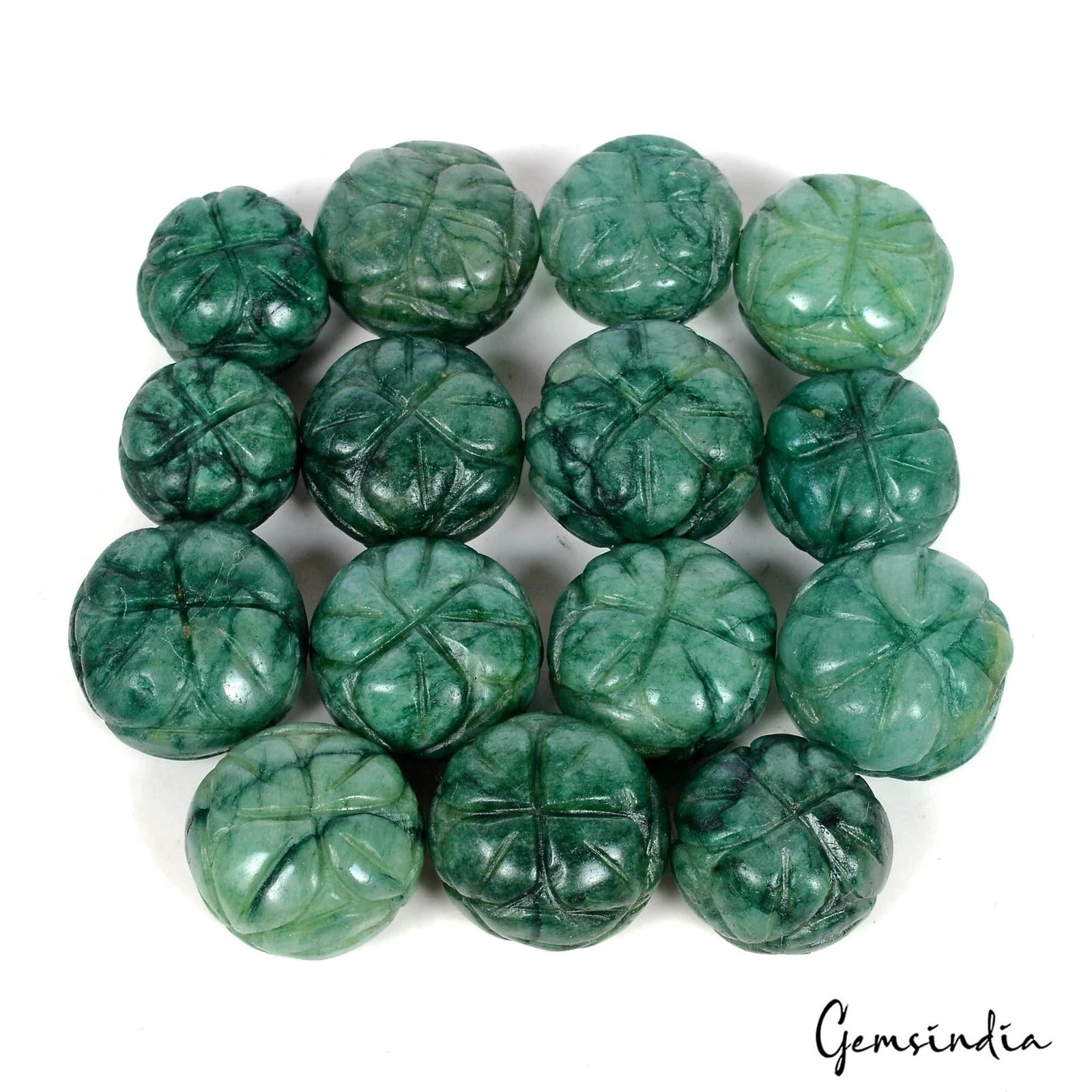 Natural Green Emerald Melon Carved Drilled Beads 340 Ct Loose Gemstones 15 Pcs