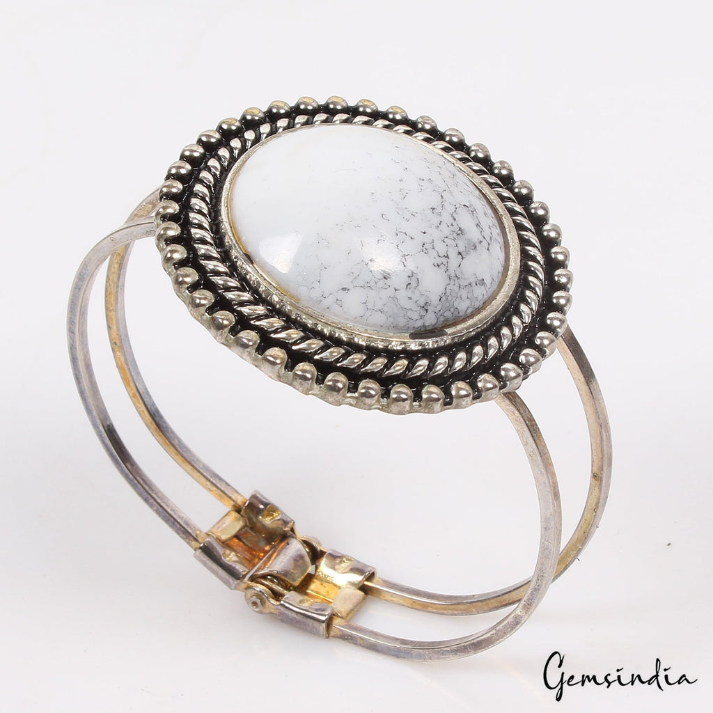 40.48 Gram White Round Hand Carved Bangle Bracelet Antique Fashion Jewelry 2.4"