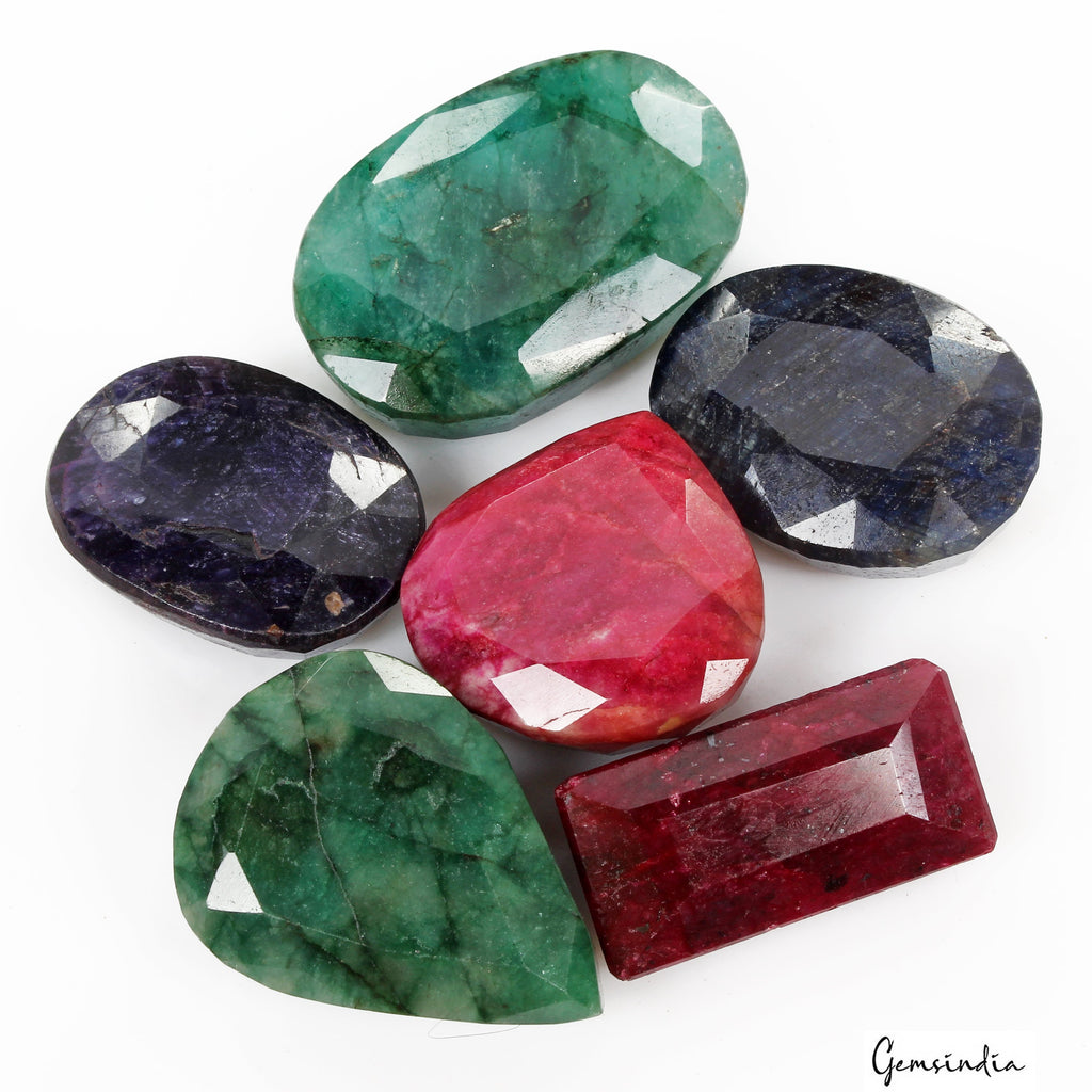 1020 Ct/6 Pcs Natural Multi Color Emerald Ruby Sapphire Mixed Cut Loose Gems Lot