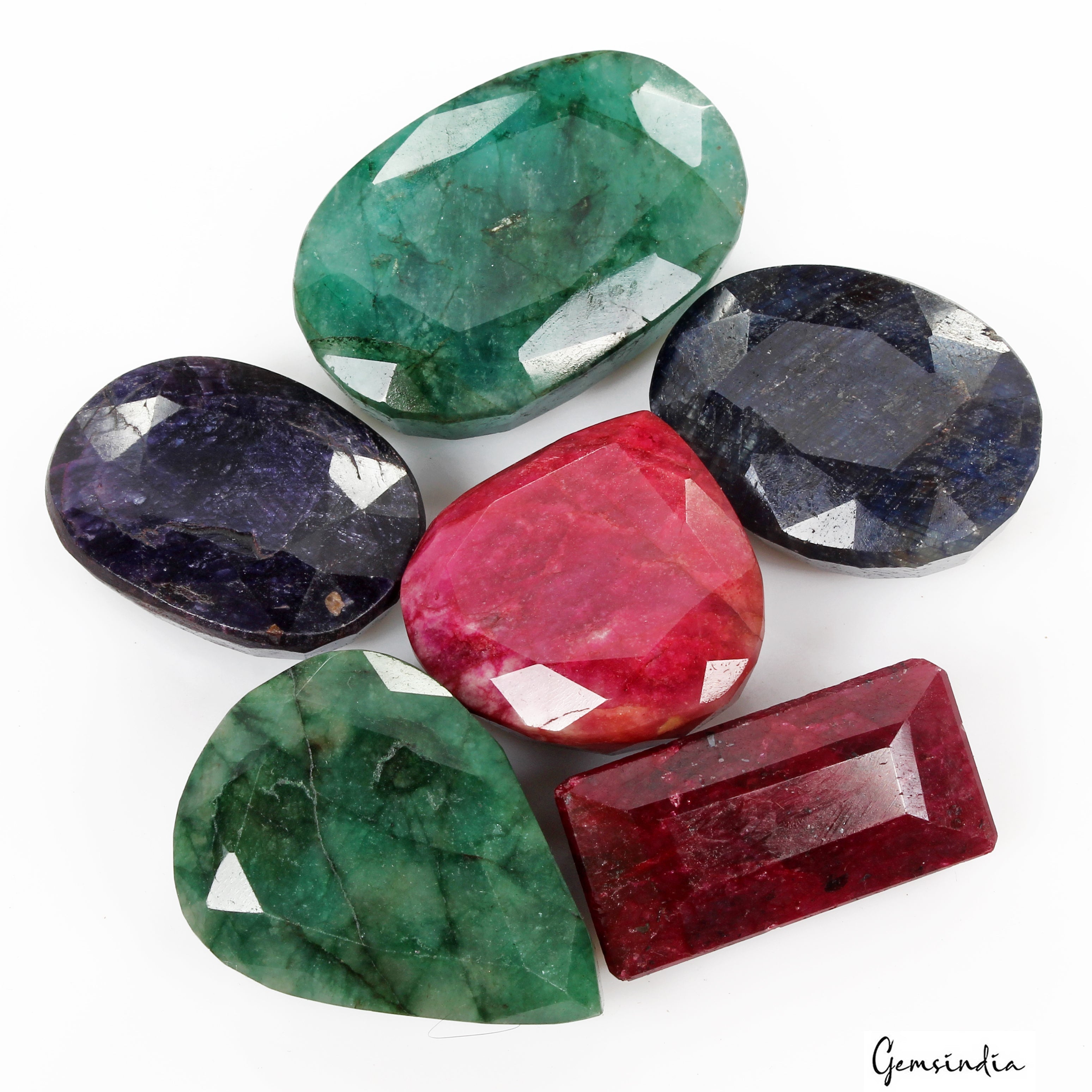 1020 Ct/6 Pcs Natural Multi Color Emerald Ruby Sapphire Mixed Cut Loose Gems Lot