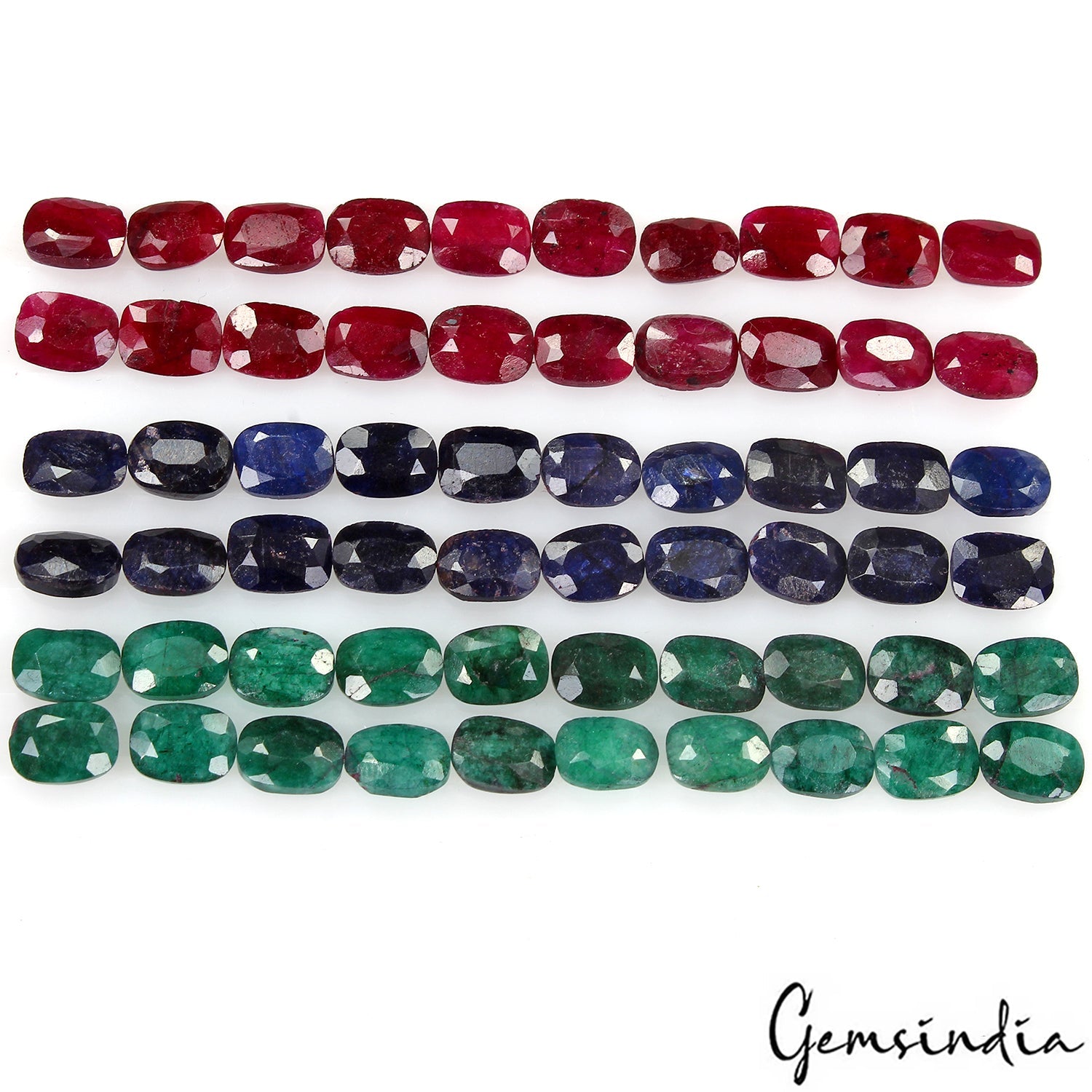 101.30 Ct Natural Ruby, Emerald, Sapphire 8x6mm Cushion Cut Certified Gems~ 60 P