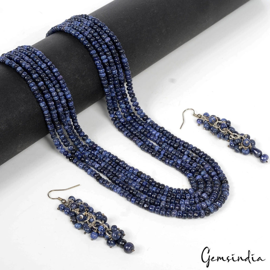 560 Cts Earth Mined 5 Strand Blue Sapphire Round Cab Beads Necklace w/ Earrings
